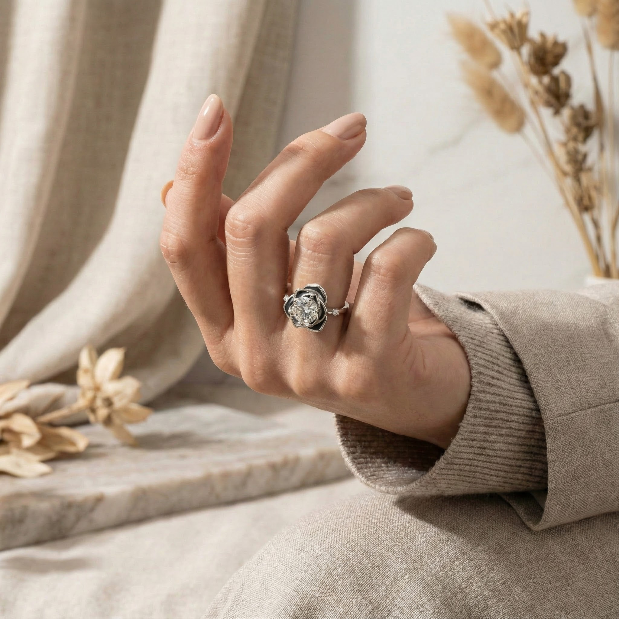 Botanical Elegance -  White Gold Rose Engagement Ring 1 Carat Moissanite Ring Floarl Ring