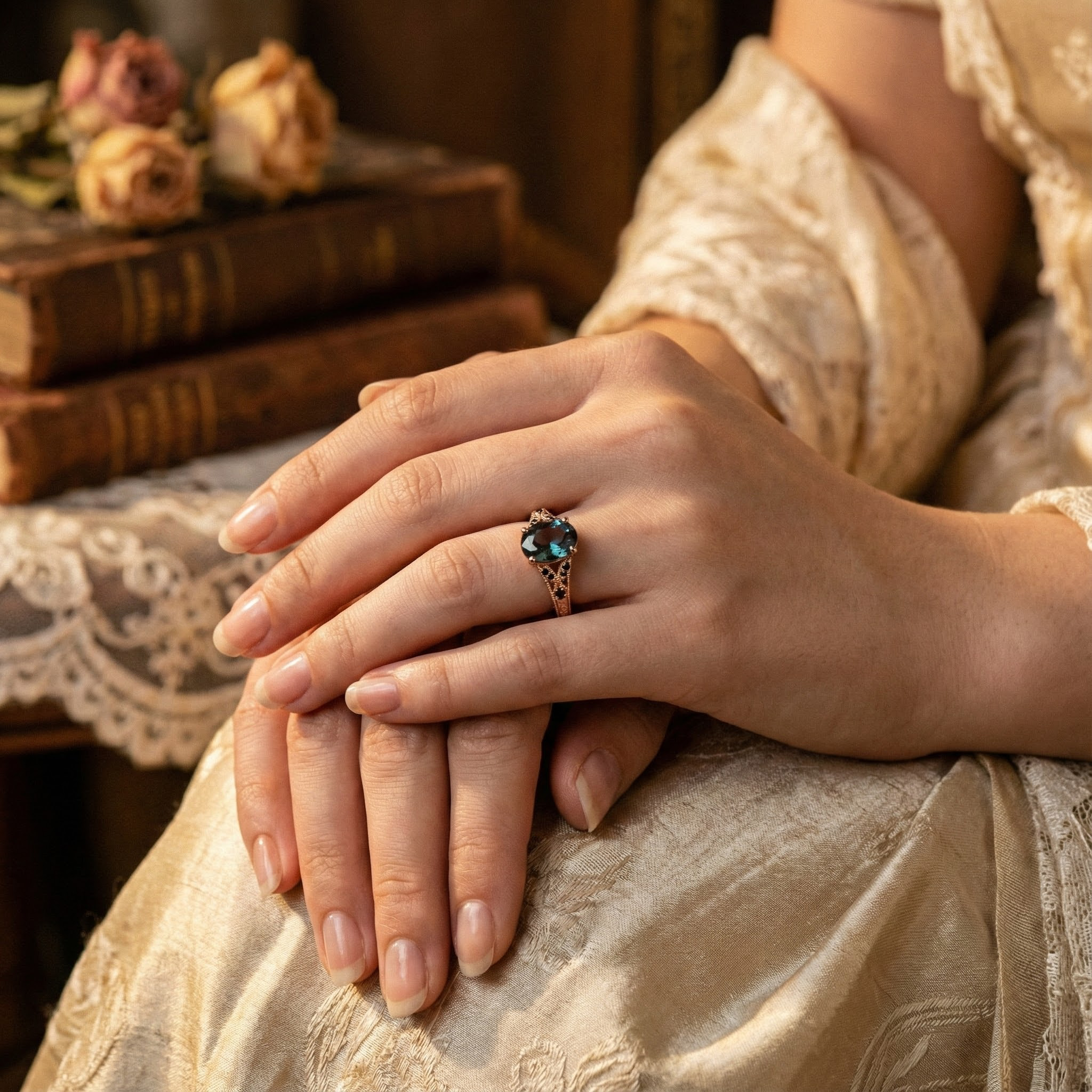 Vintage Oval Alexandrite and Black Onyx Rose Gold Pattern Ring Alexandrite Engagement Ring