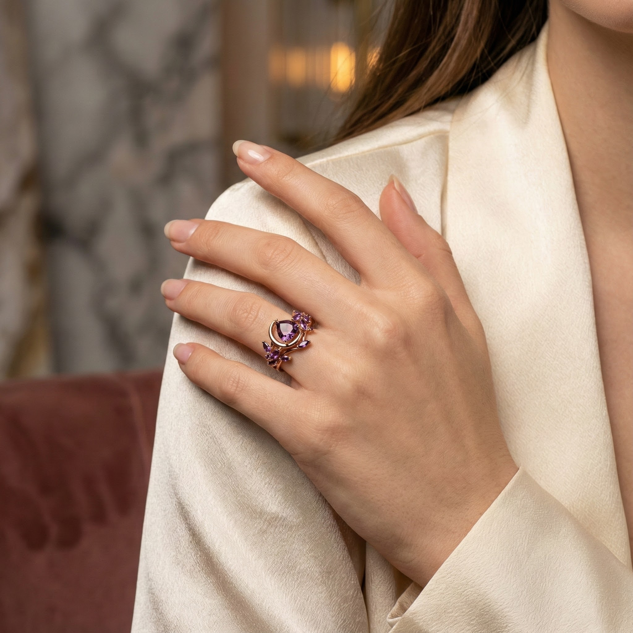 Heart Cut Alexandrite With Amethyst Engagement Ring Set Floral Engagement Ring Set