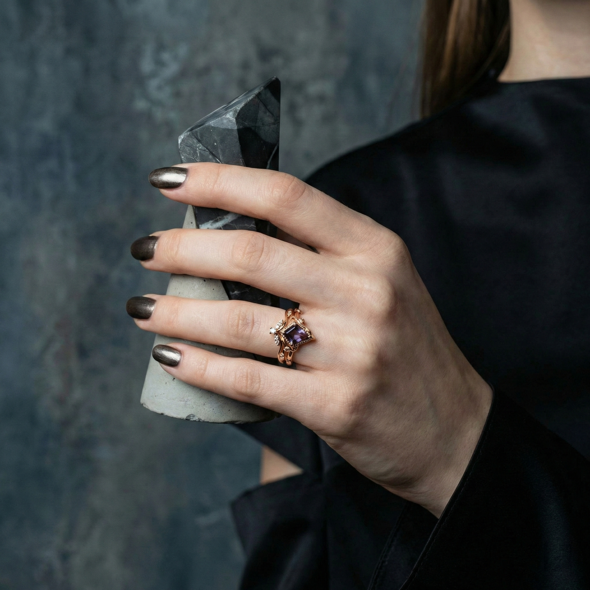 Kite Cut Alexander Engagement Leaf Ring Set Nature Inspired Design With Moissanite.