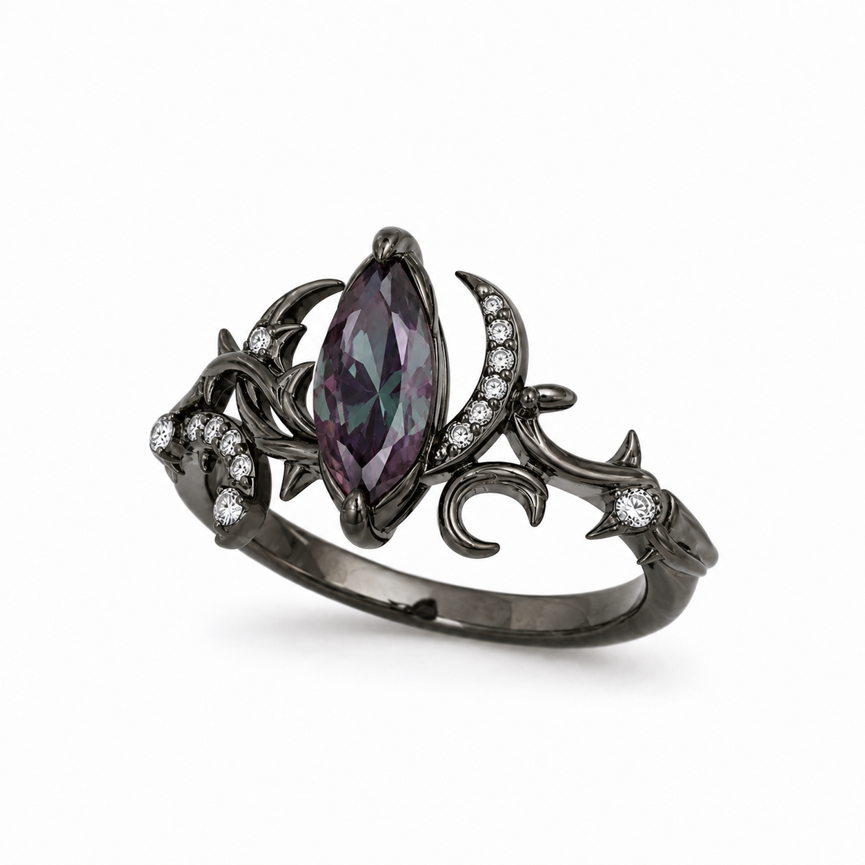 Marquise Alexandrite Gothic Ring with Moissanite Accents