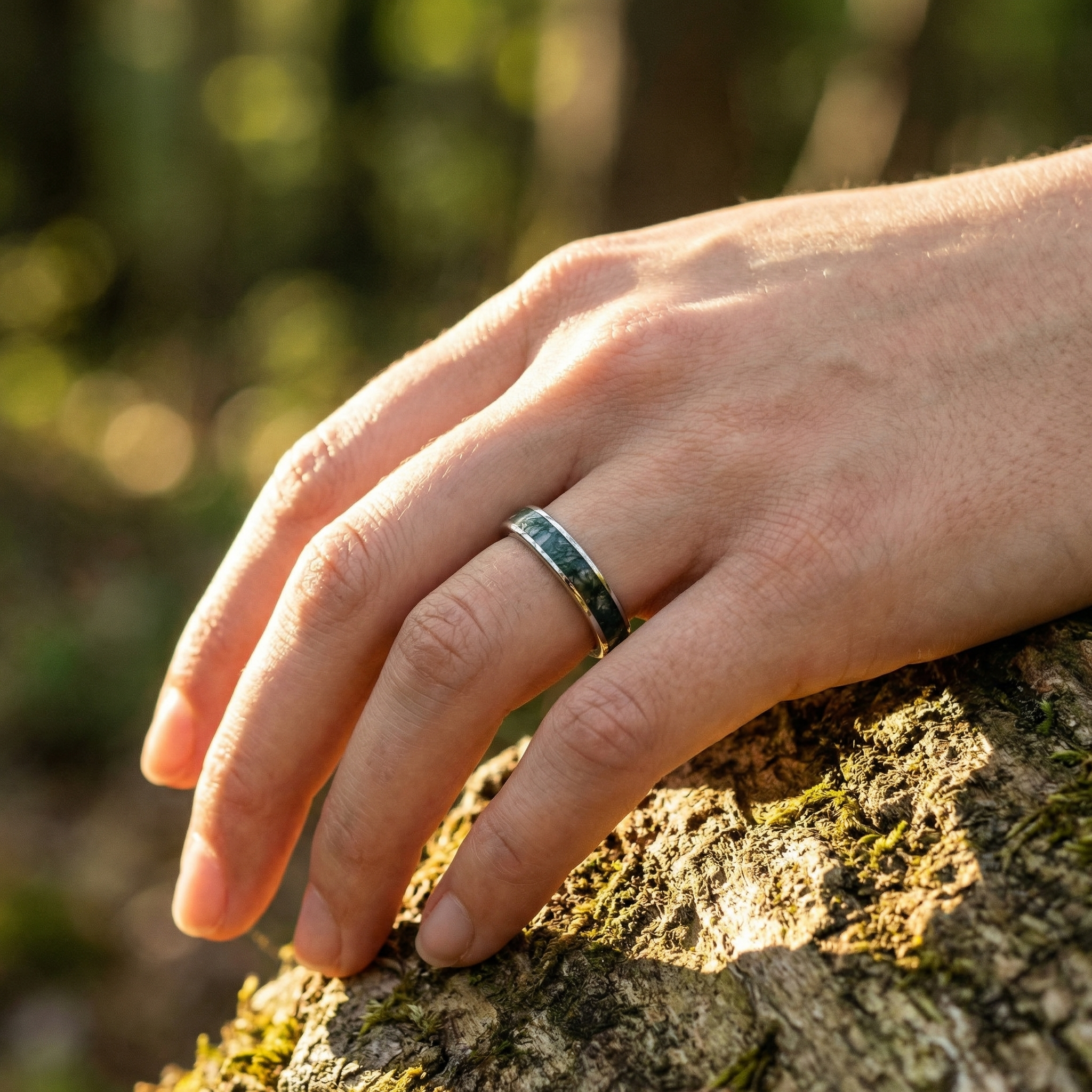 Lifestyle view of Moss Agate Wedding Band in Gold