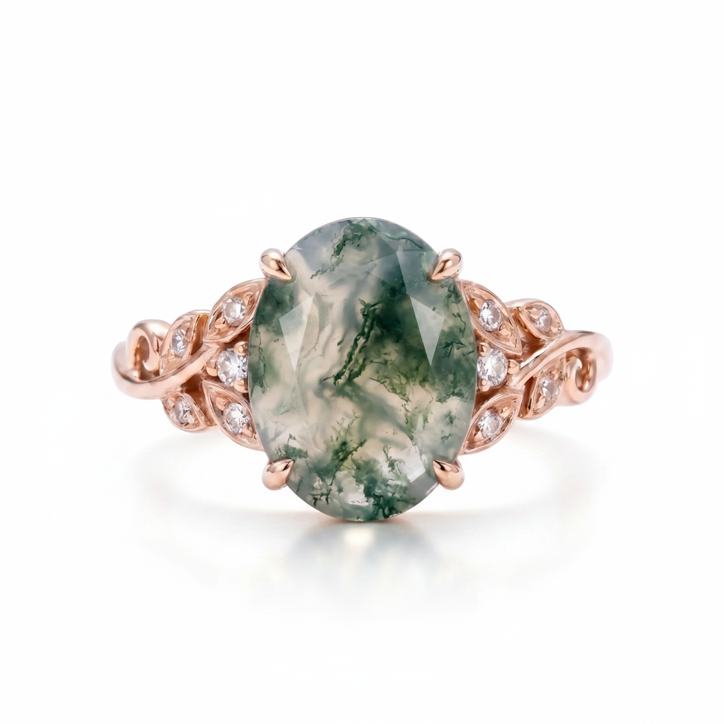 Rose gold oval moss agate engagement ring with nature-inspired leaf band and accent stones