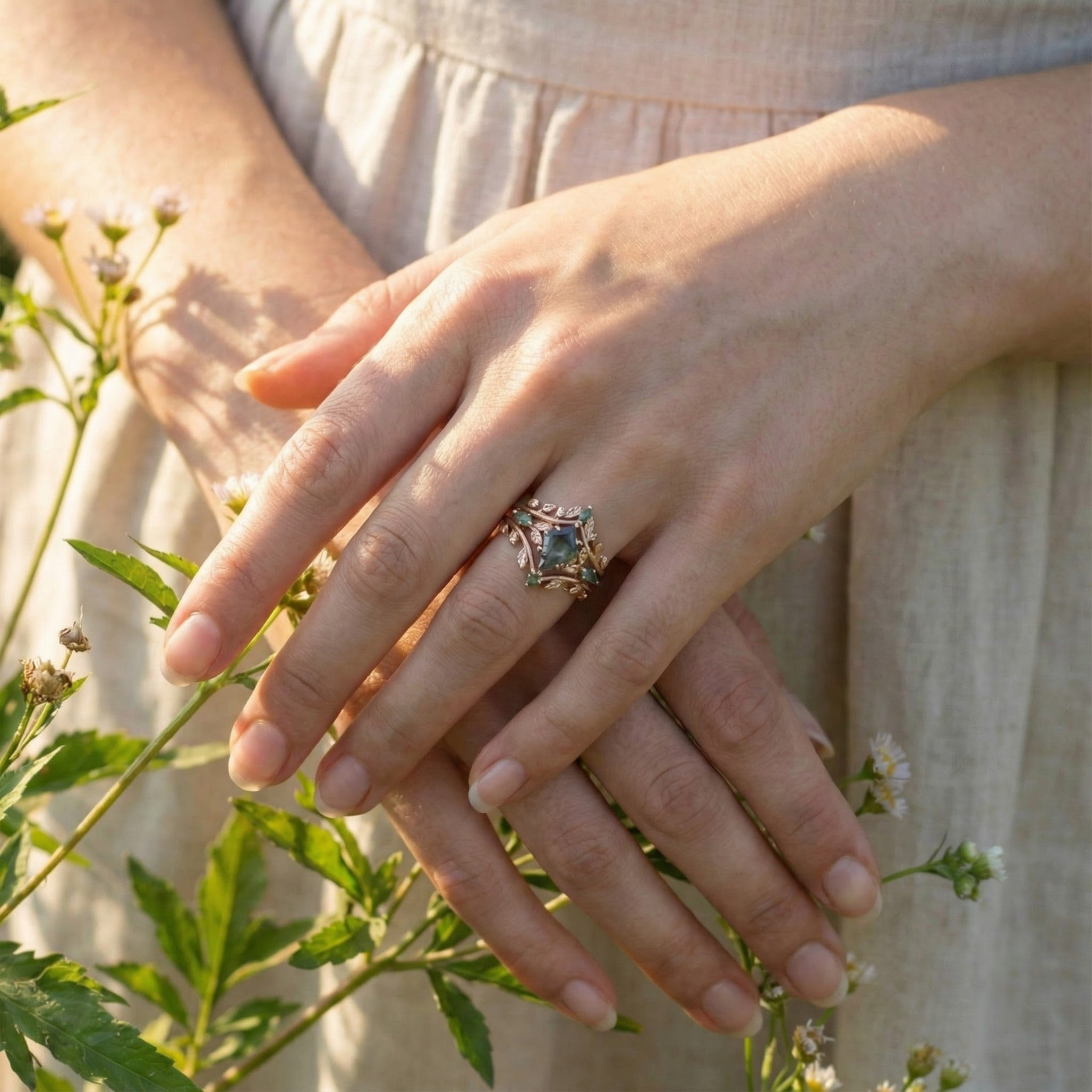 Kite Moss Agate With Moissanite/Diamond Engagement Wedding Ring Set