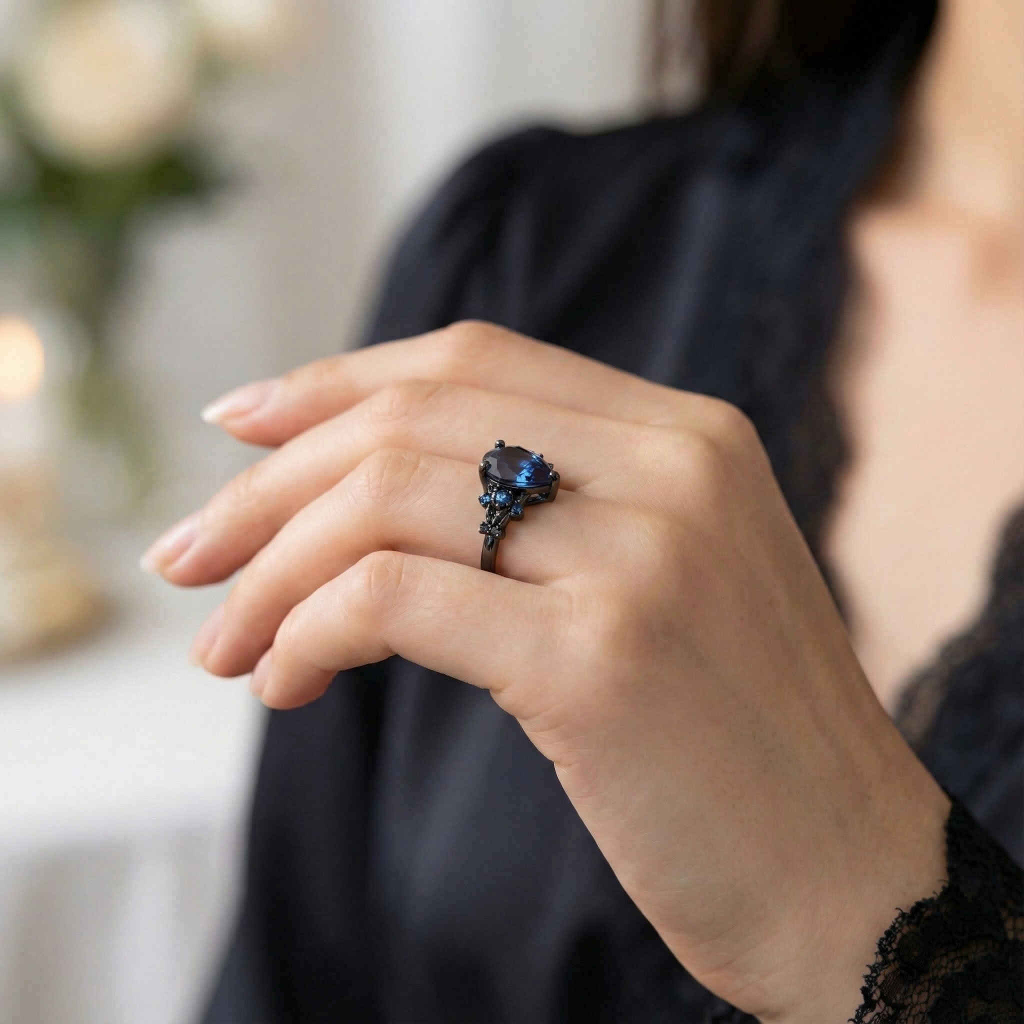 Botanical Elegance -Pear Cut Lab Alexandrite Black Gold Engagement Ring Set Floral Ring