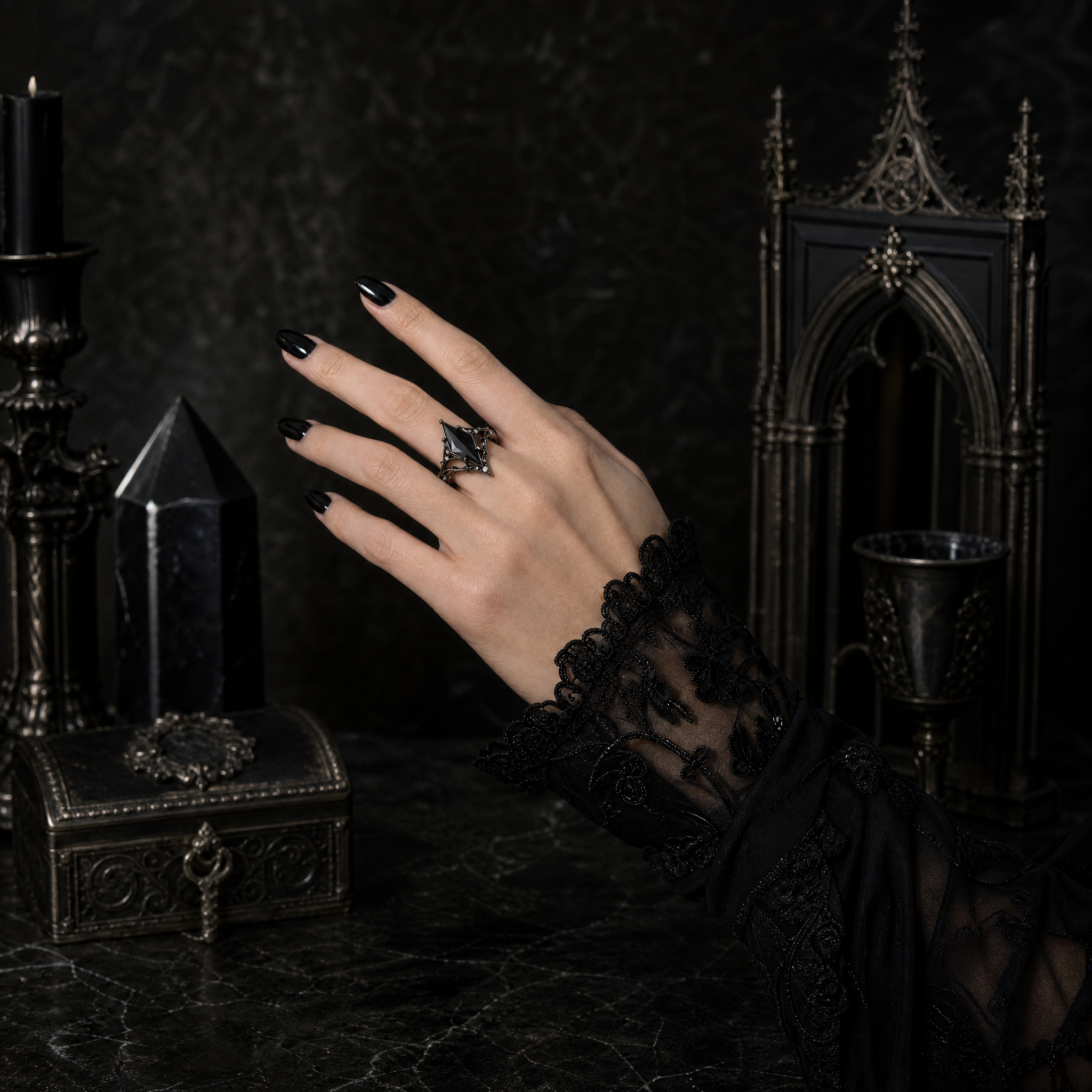 Kite Black Onyx Gothic Engagement Ring with Moissanite