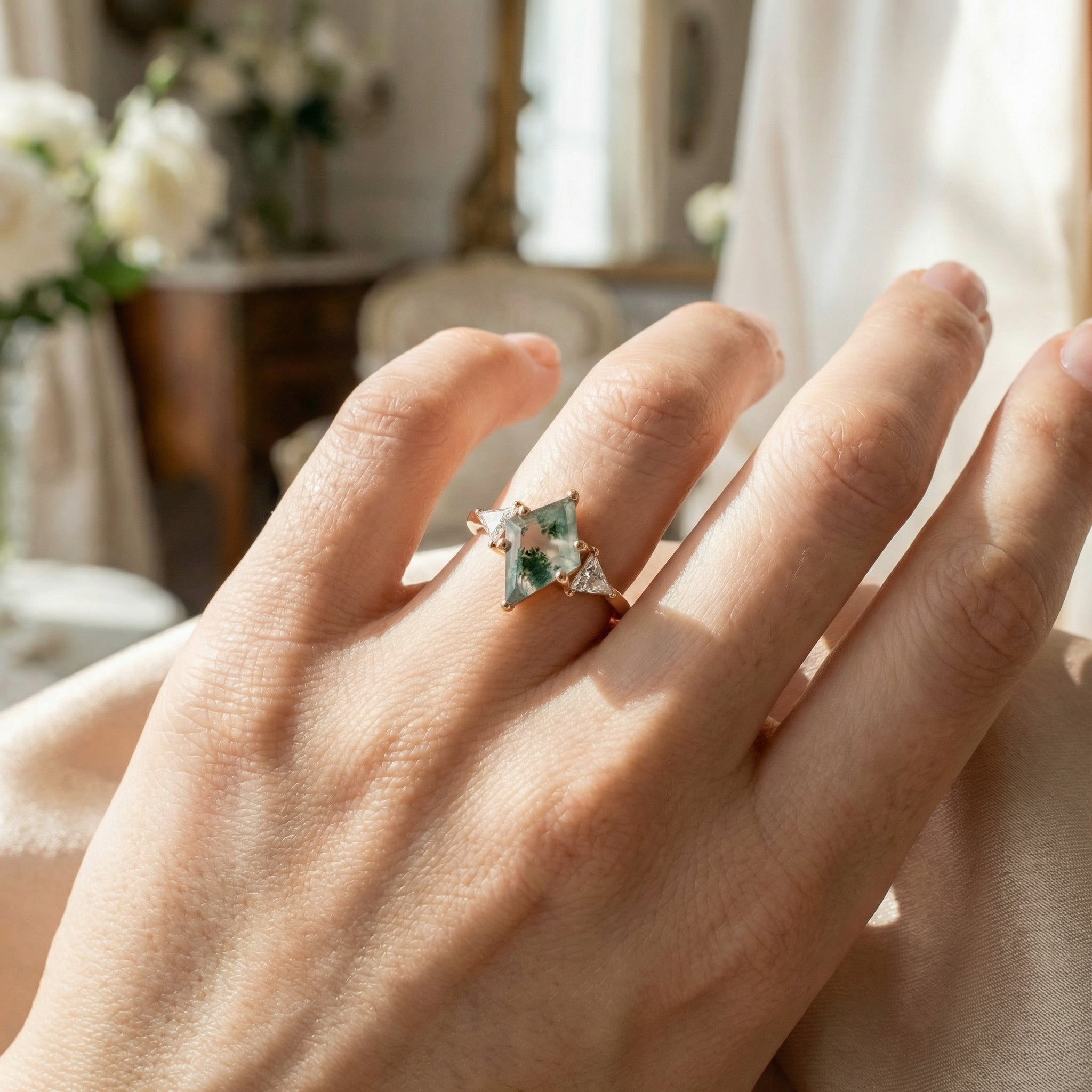 Detailed view of Kite Cut Moss Agate Engagement Ring in Gold