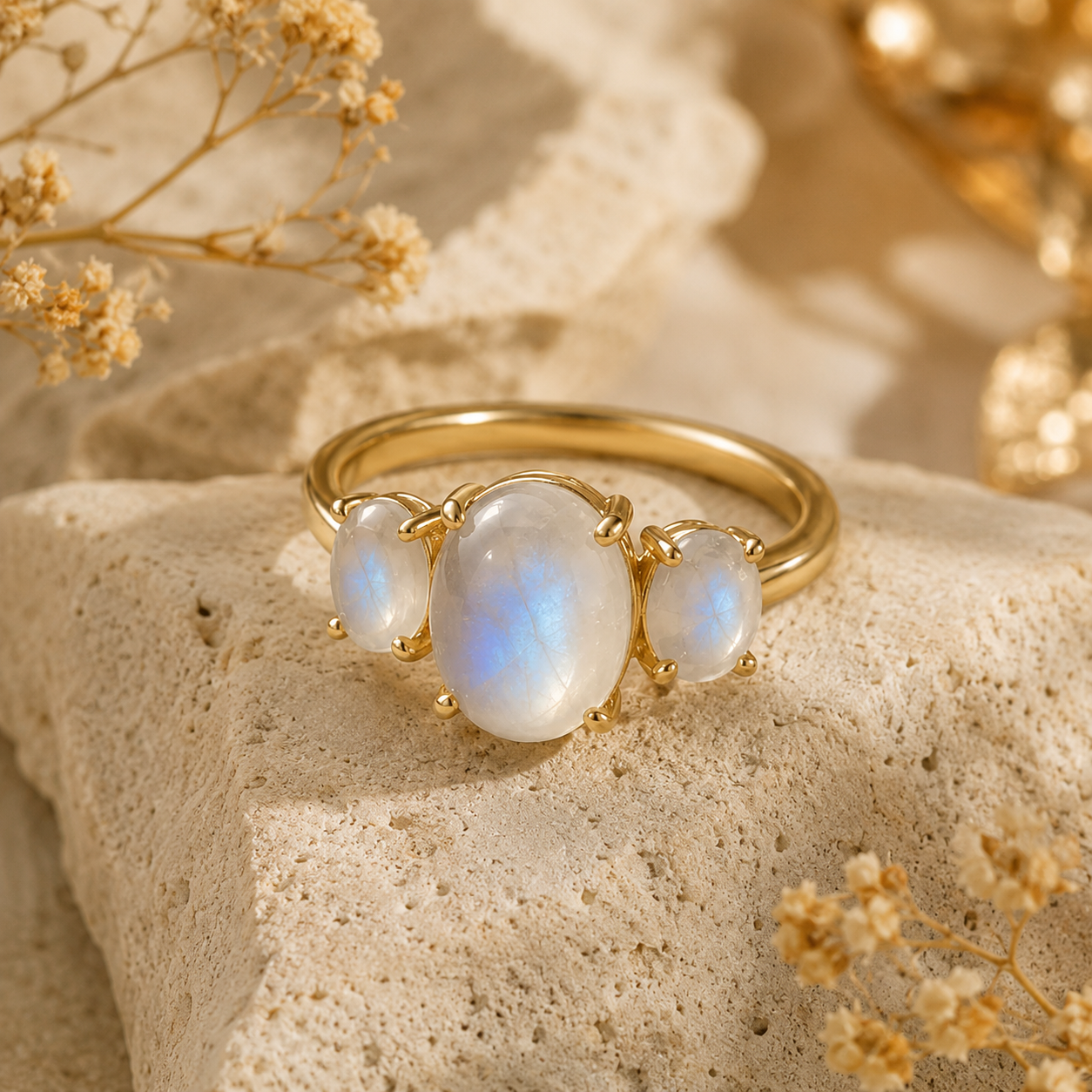Oval Moonstone Three-Stone Ring