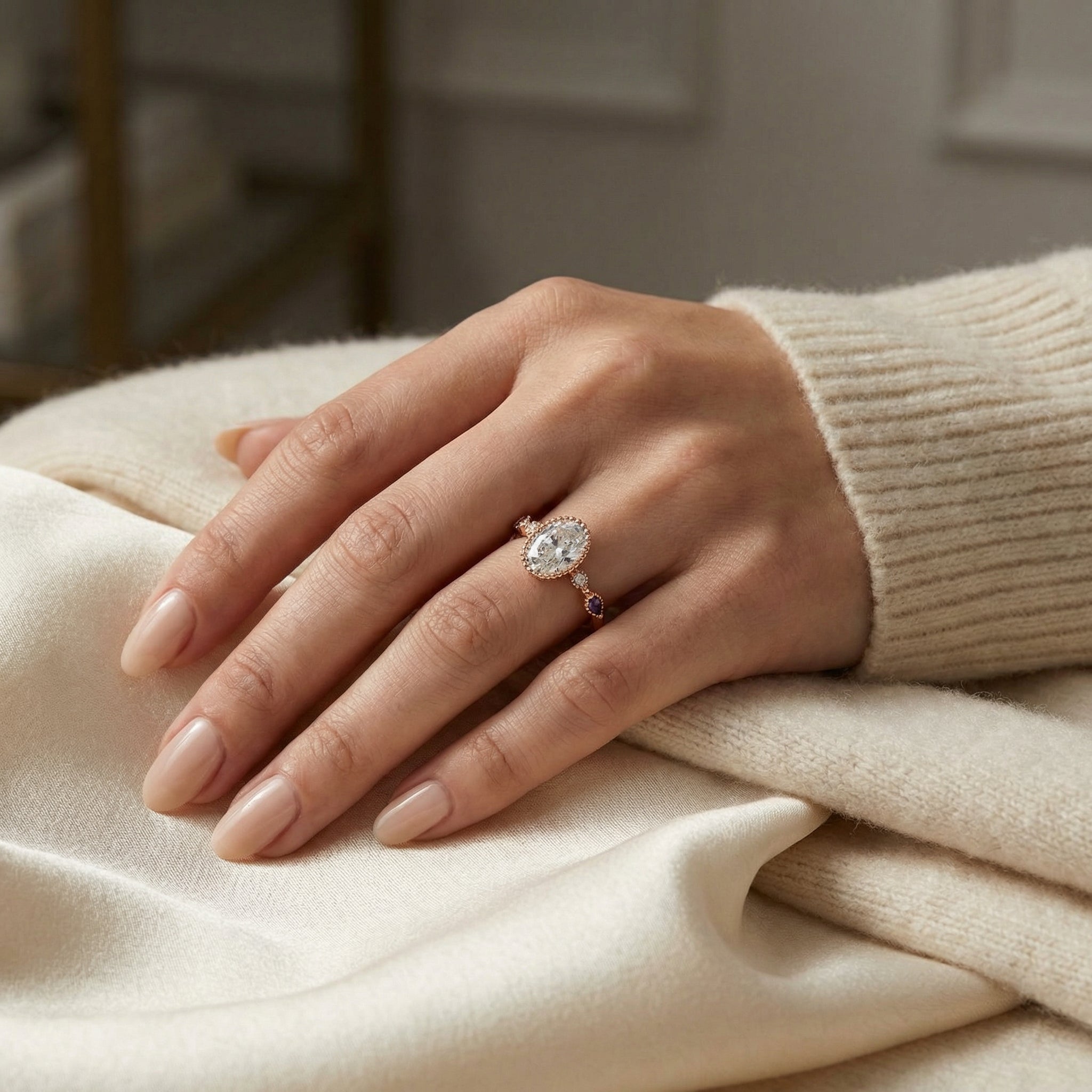 Detailed view of Oval Moissanite Engagement Ring in Rose Gold