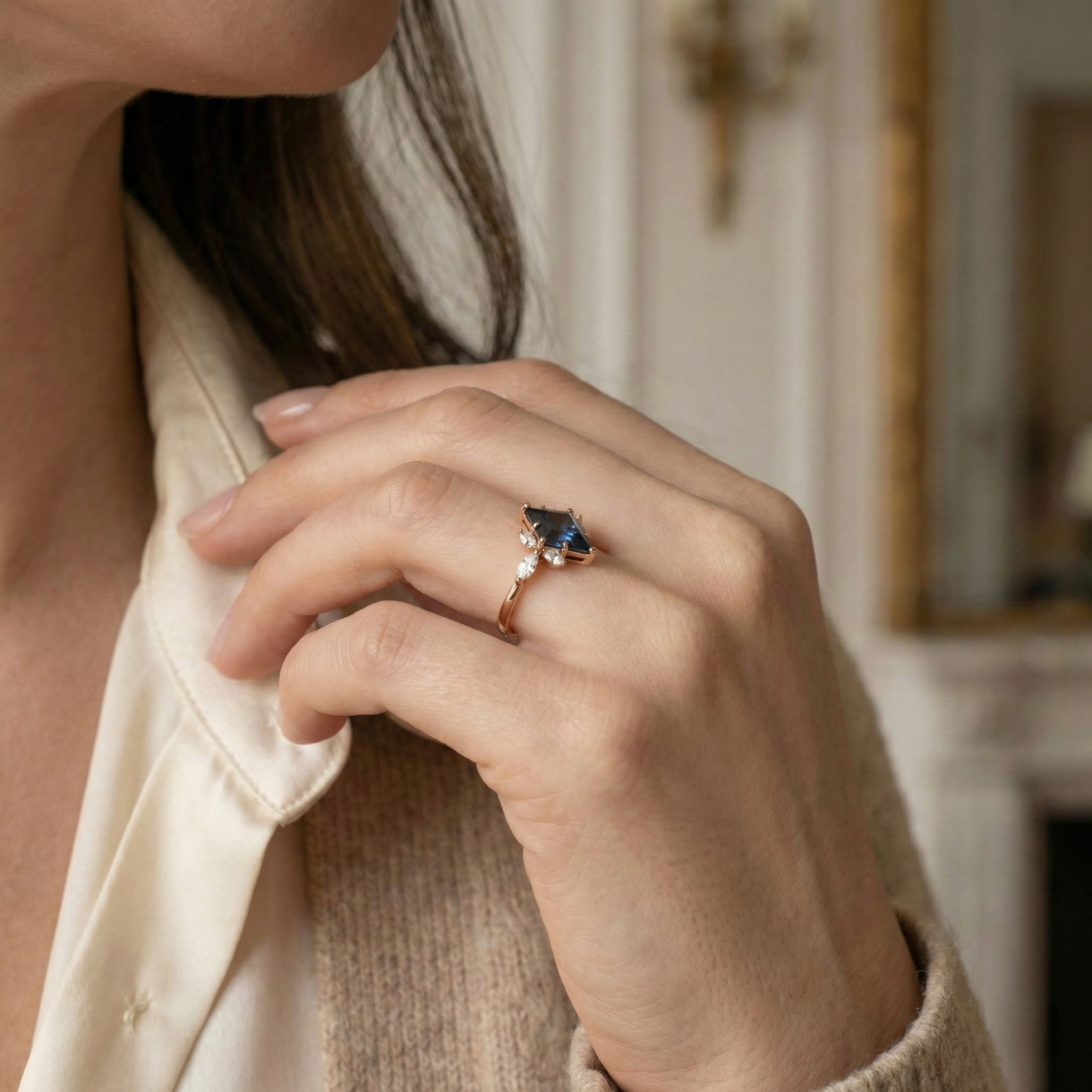Angled view of Kite Cut Alexandrite Ring in Rose Gold