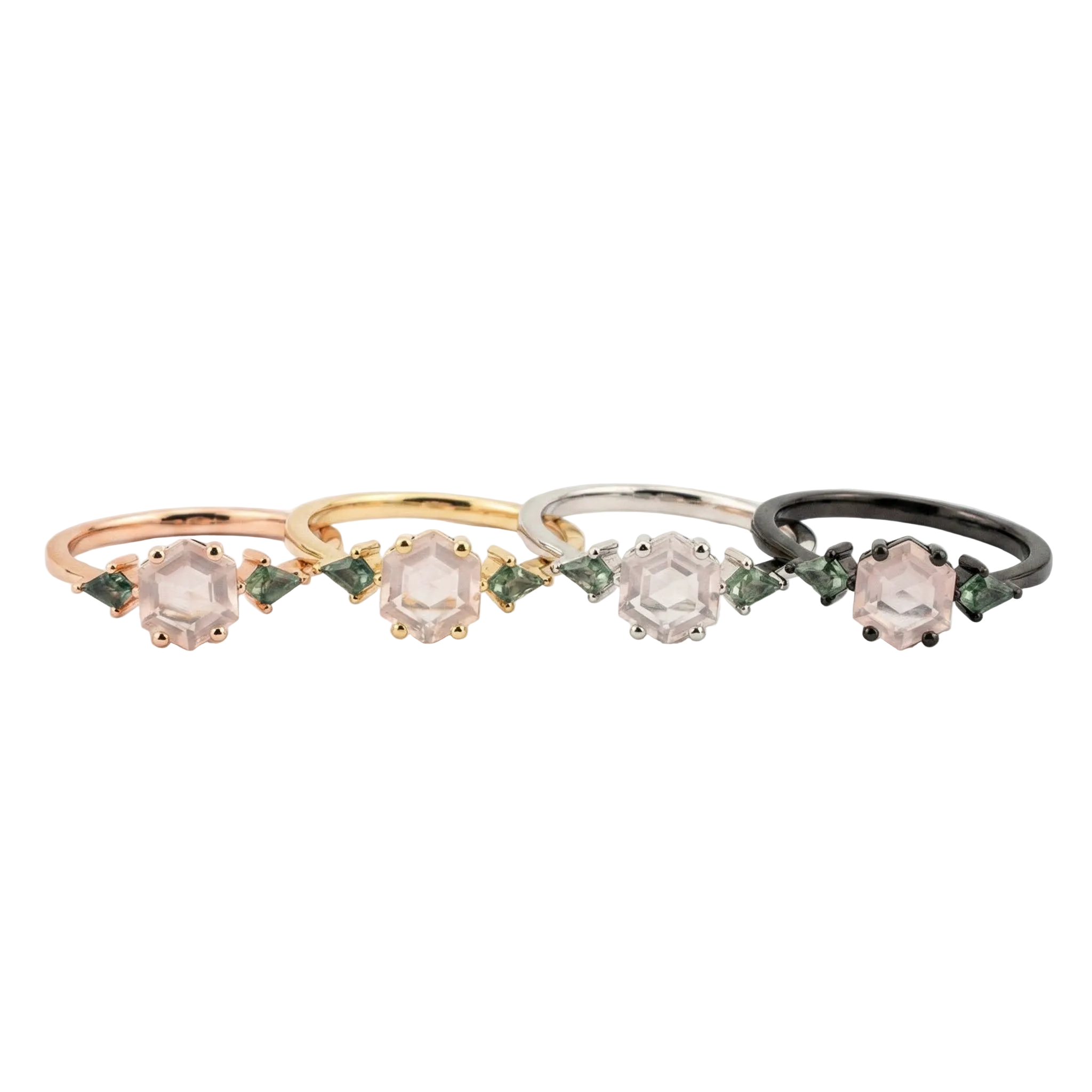 Lifestyle view of Hexagon Rose Quartz Ring in Gold