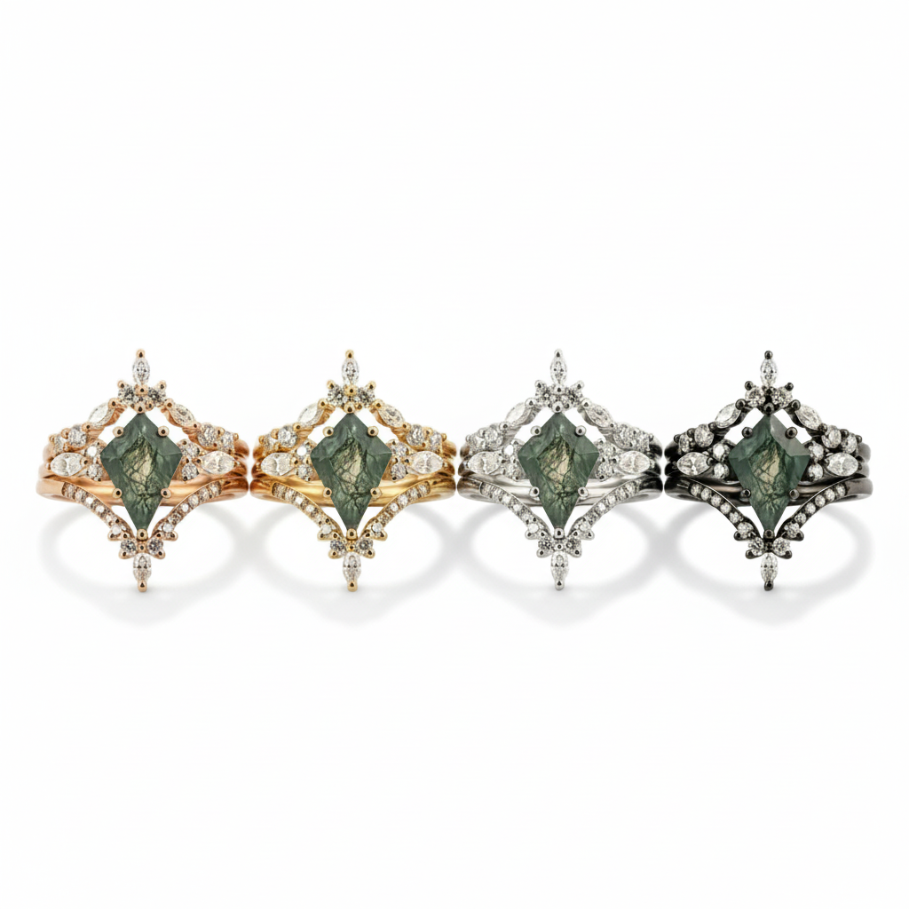 Detailed view of Kite Cut Moss Agate Ring Set in Gold