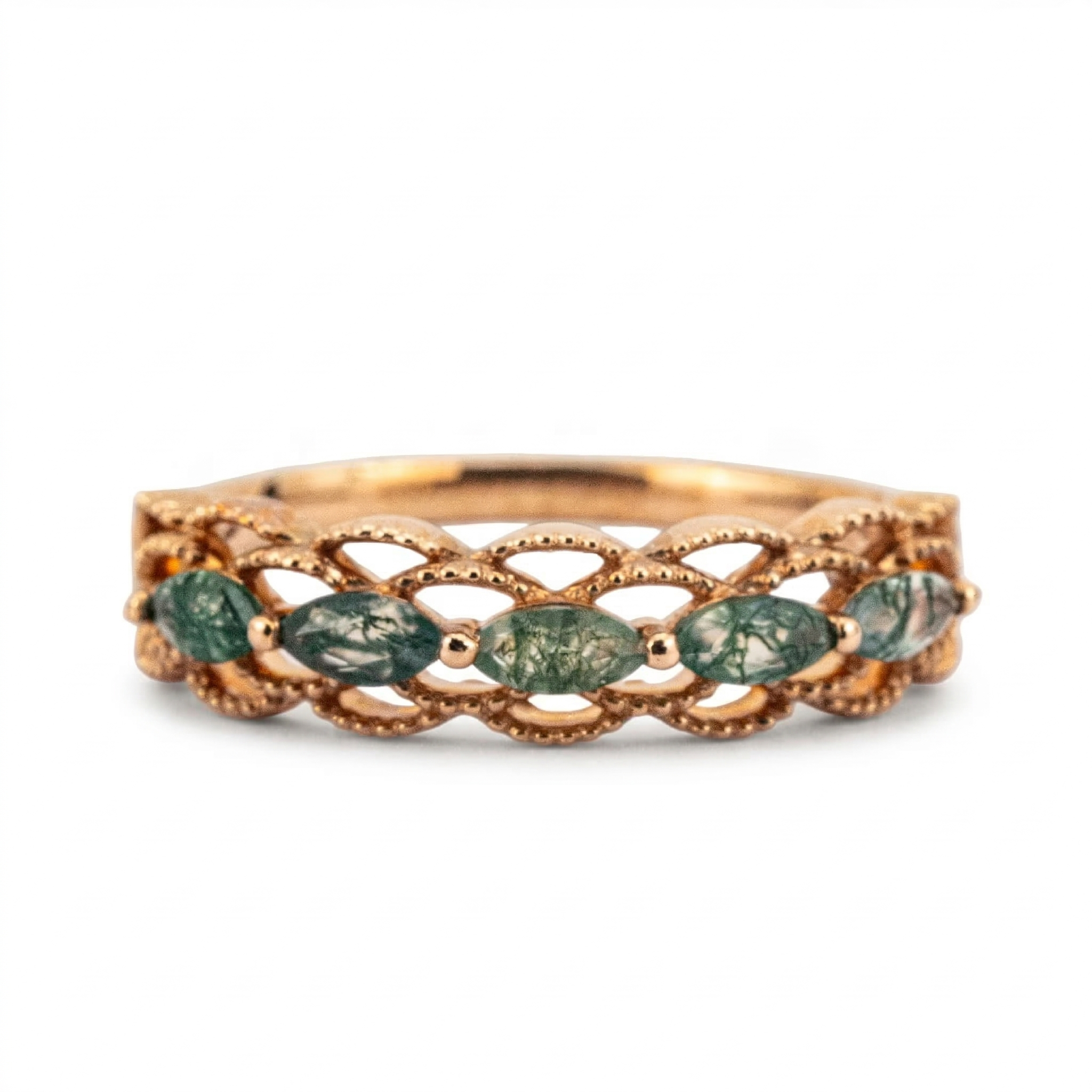 Front view of Moss Agate Ring in Gold