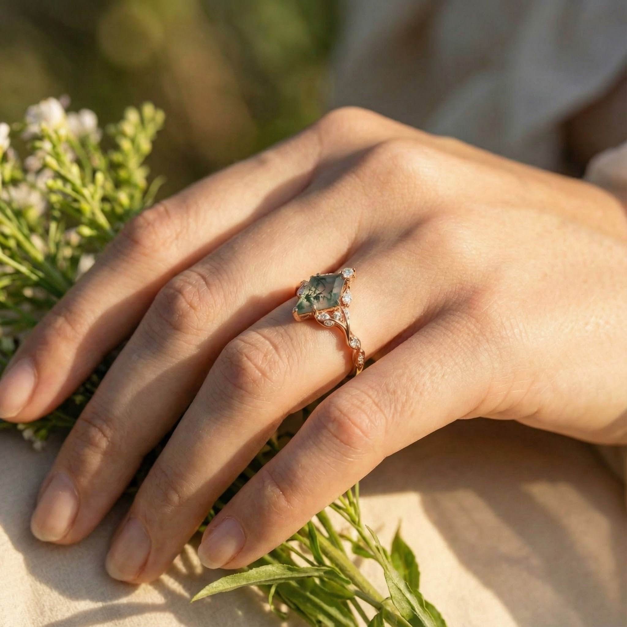 Kite Moss Agate Bridal jewelry Dainty engagement rings Floral Engagement Ring