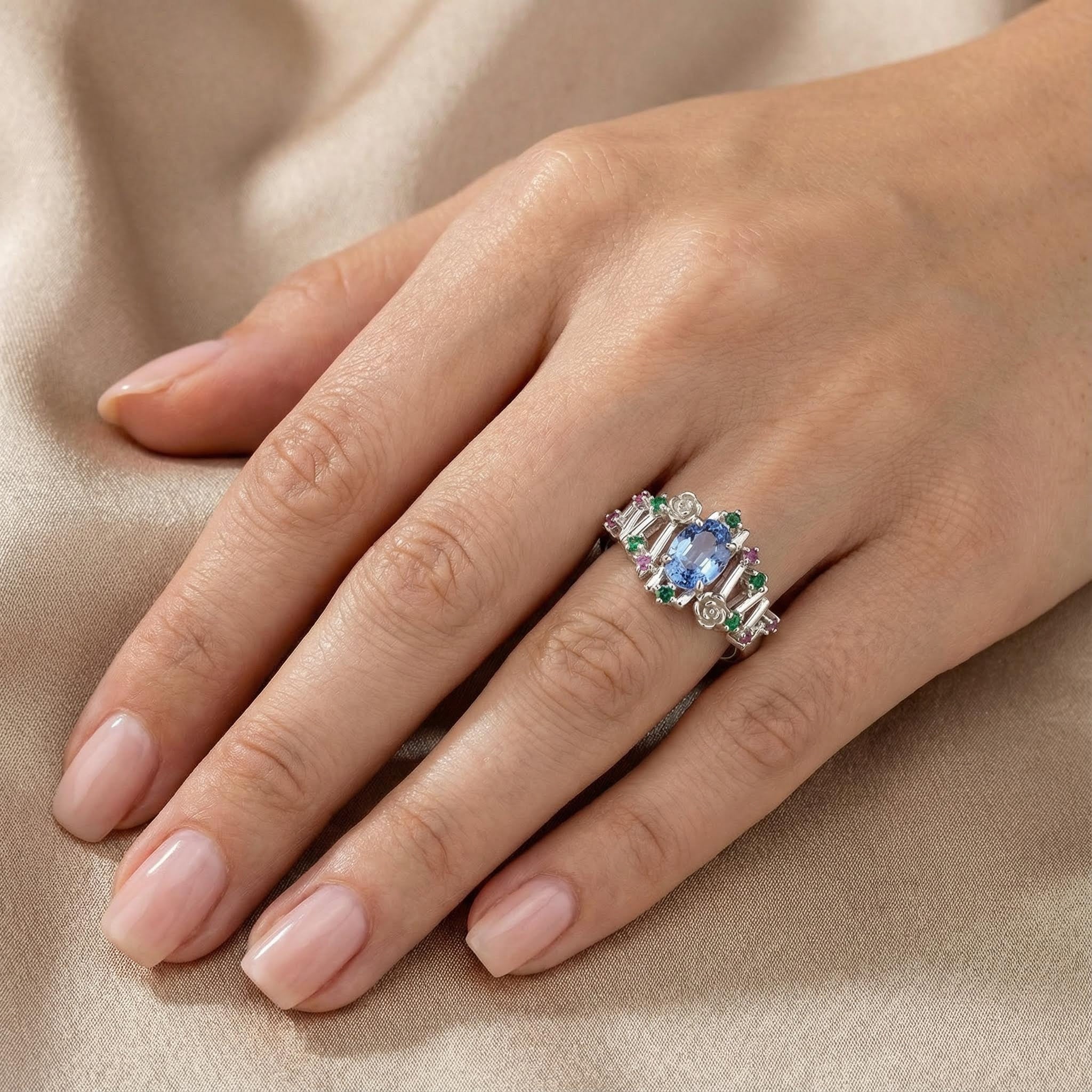 ELEVA - Irregular Oval Lab Sapphire White Gold Personalized Ring Unique Engagement Ring