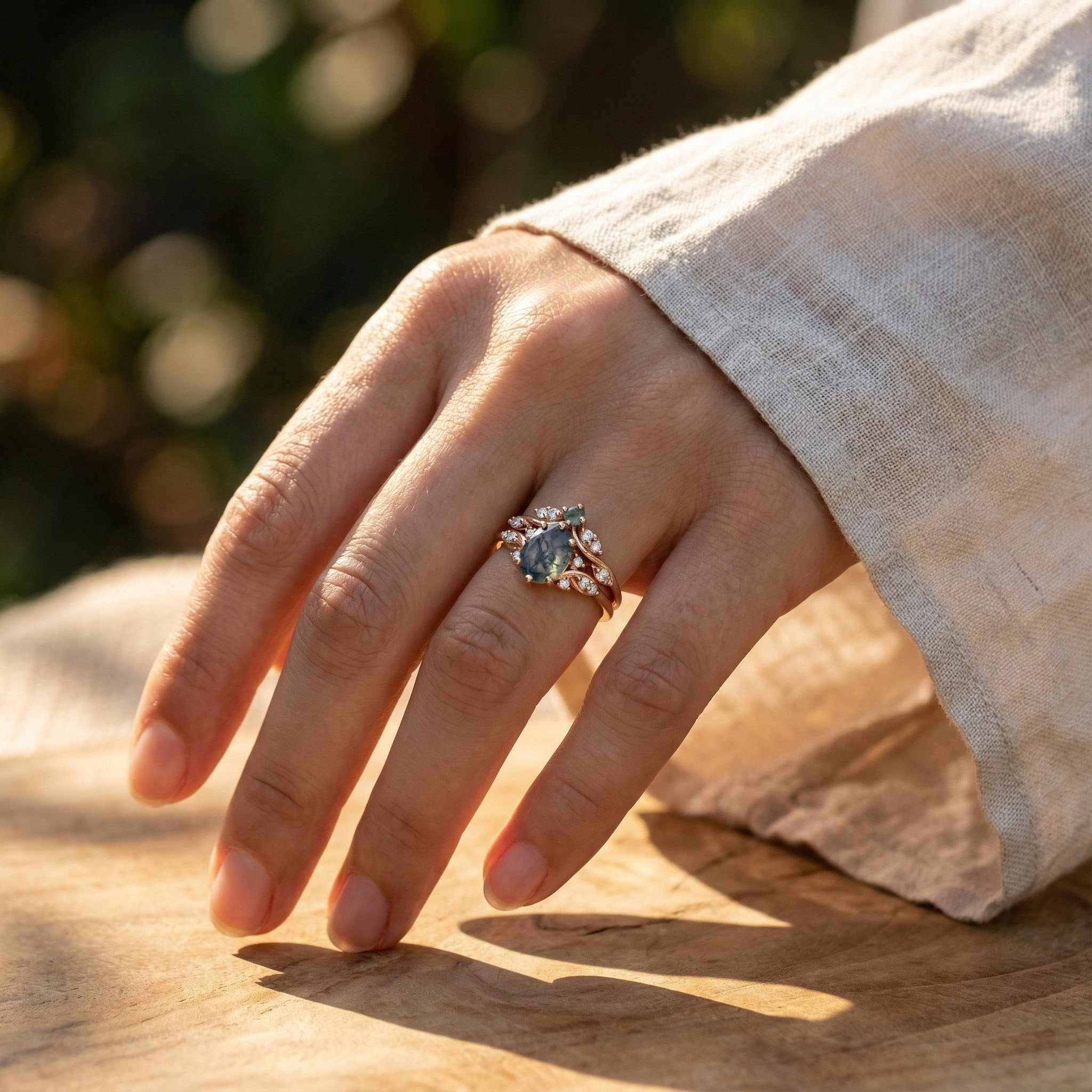 Elegant jewelry set with oval moss agate stones, moissanite gems in a nature-inspired design
