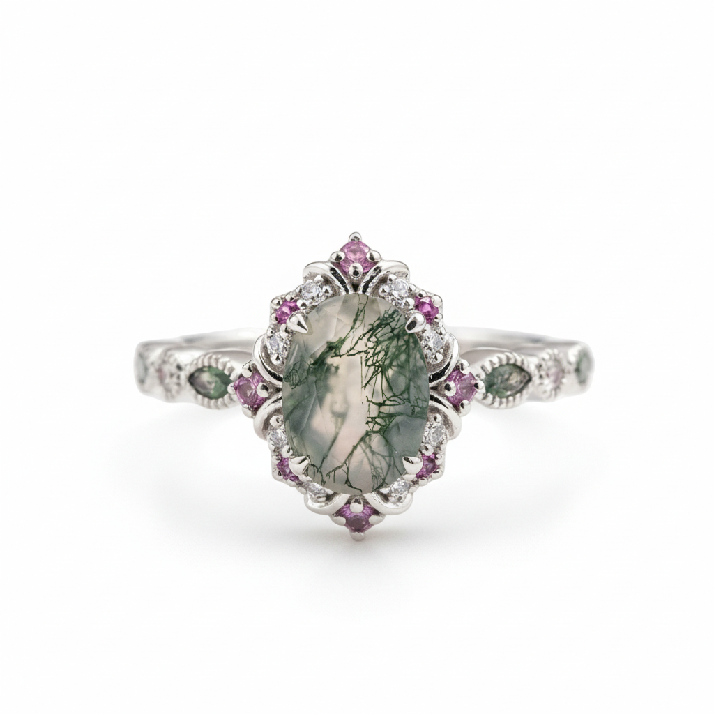 Front view of Oval Moss Agate Ring in Gold