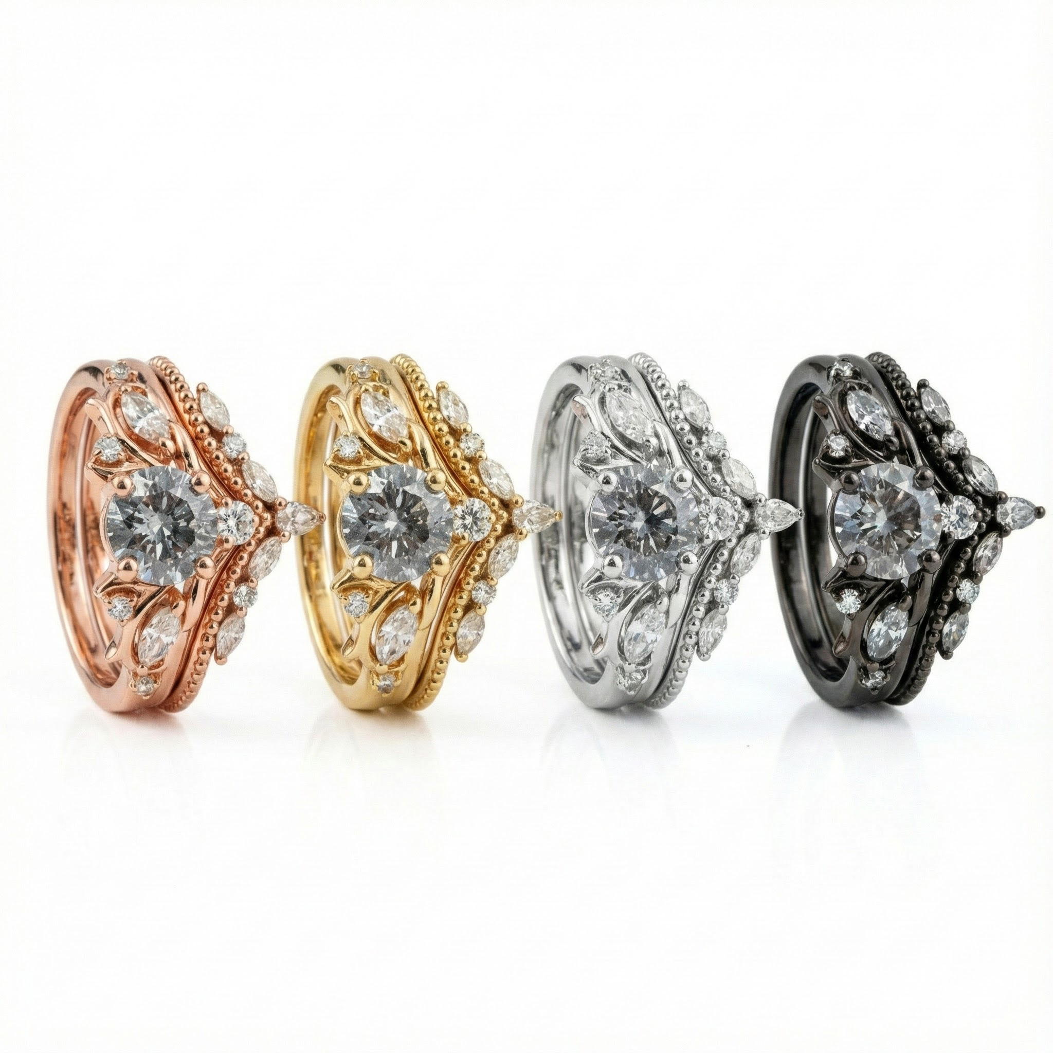 Unique Round Moissanite/Diamond Ring Set, Simple Linear Design