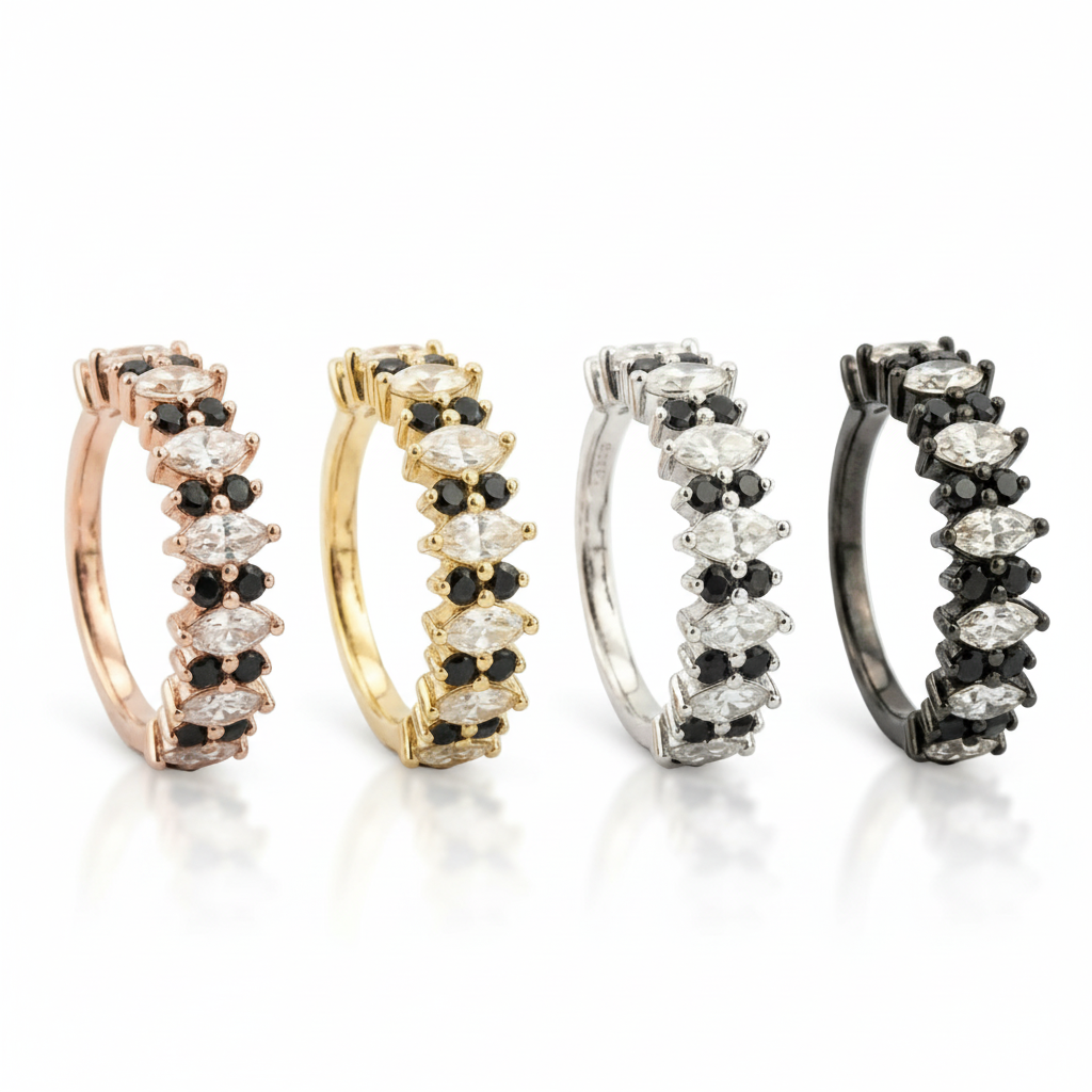 Luxurious marquise black onyx band featuring shimmering moissanite gemstone.