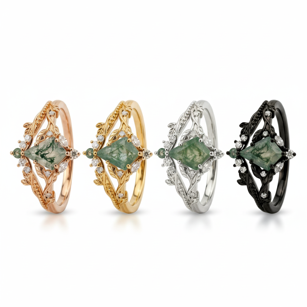 Lifestyle view of Kite Cut Moss Agate Ring Set in Gold
