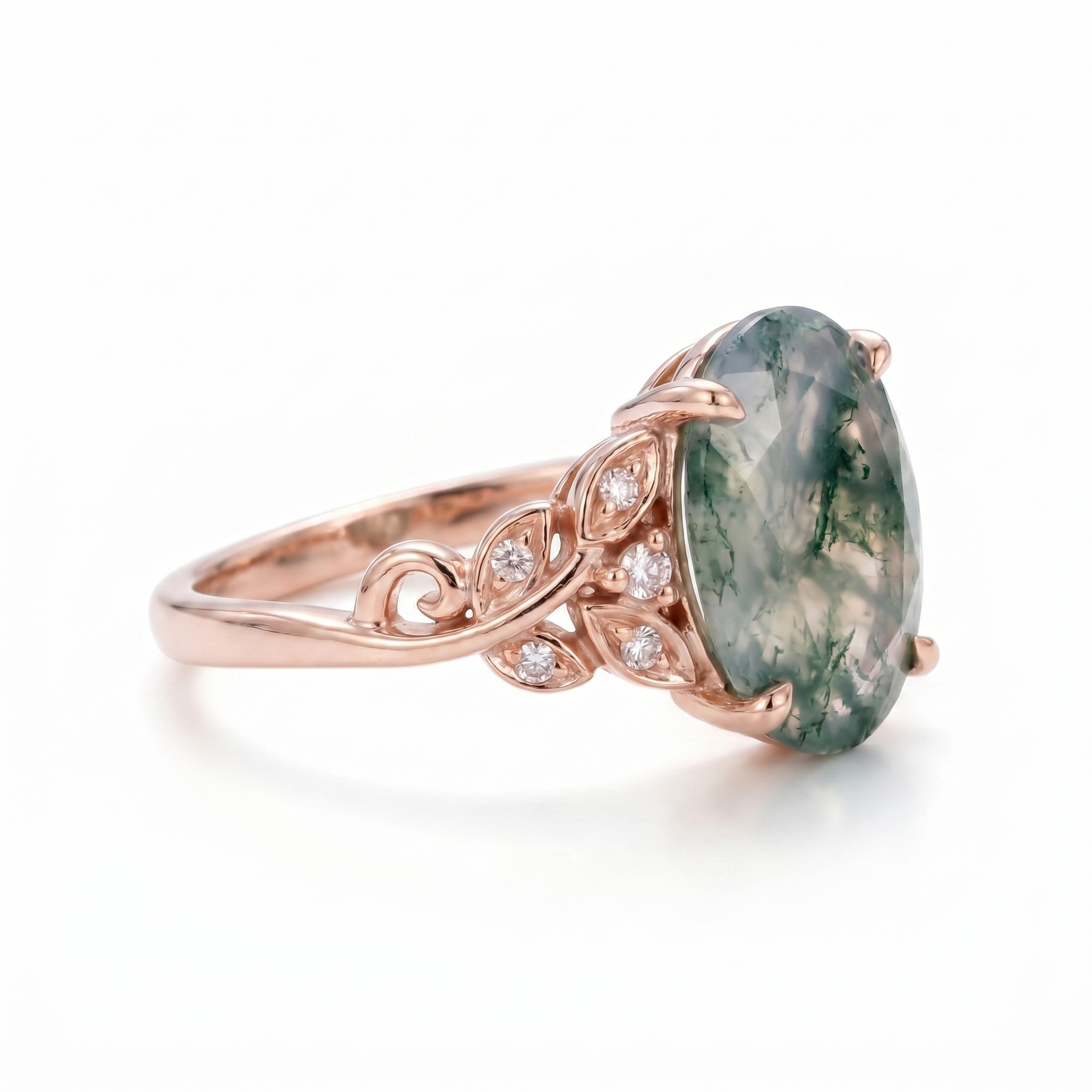 Lifestyle view of Oval Moss Agate Engagement Ring in Gold