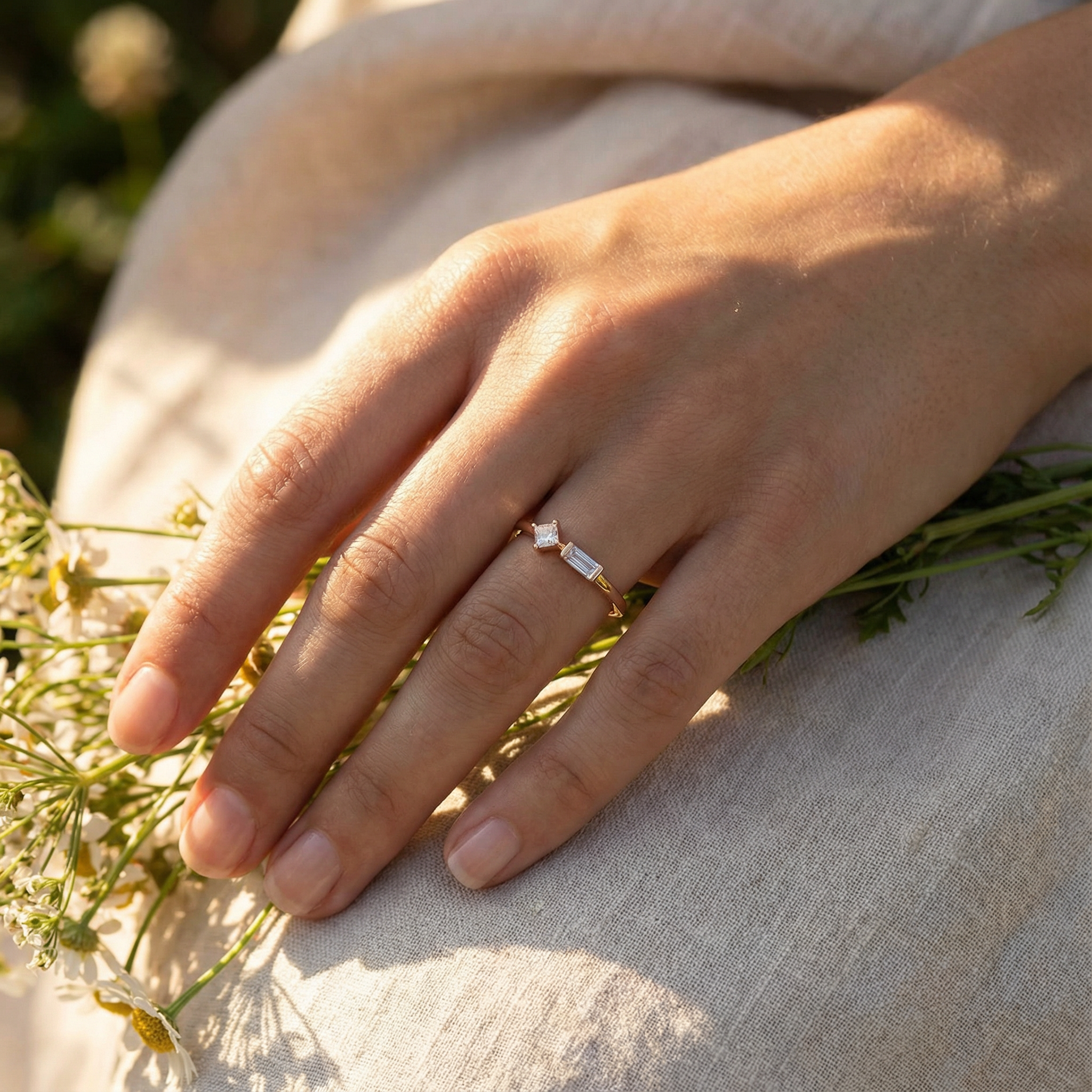 Minimalist Moissanite Dainty Engagement Ring Double Stone Engagement Ring