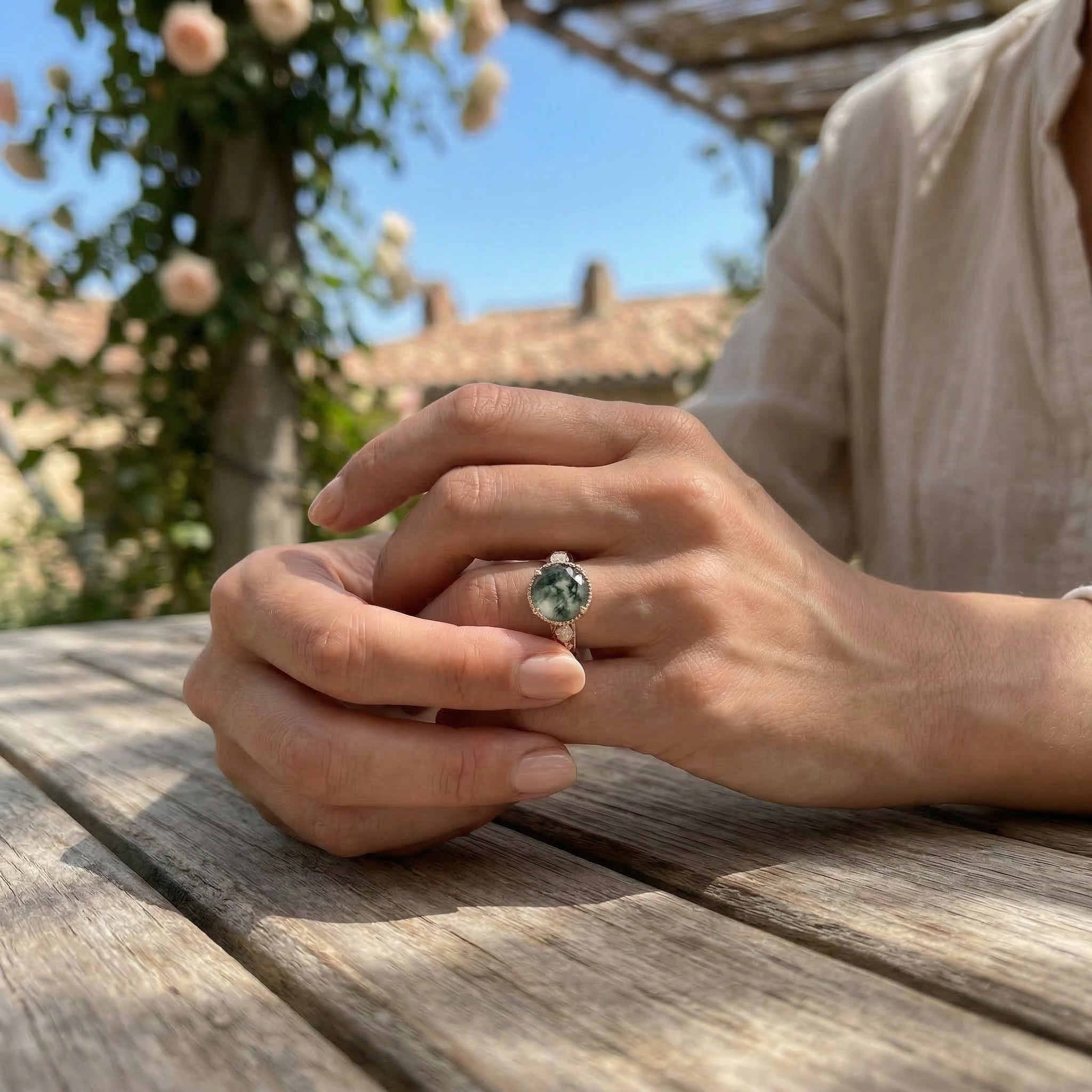 Detailed view of Oval Moss Agate Engagement Ring in Rose Gold