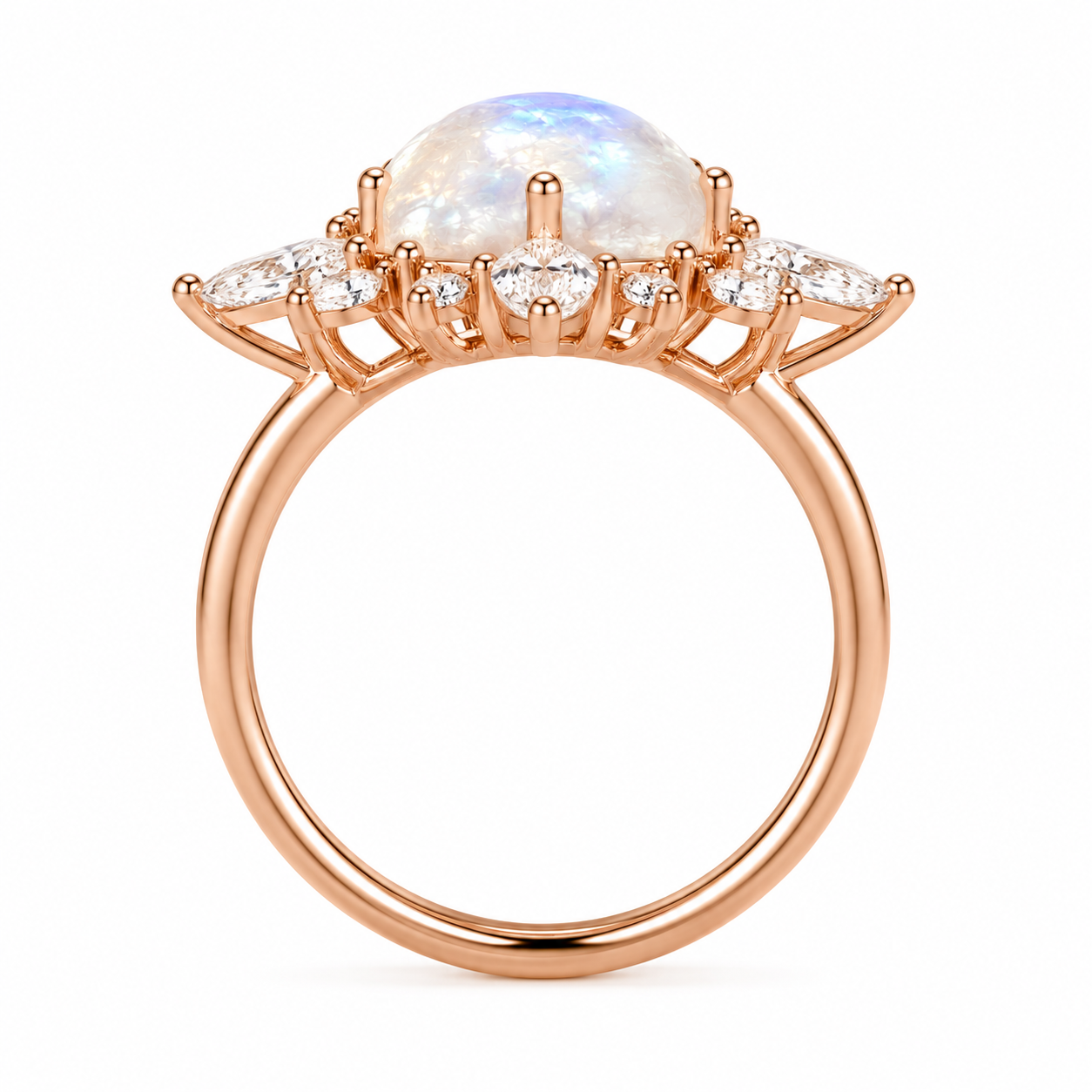 Moonstone sunburst halo ring on white background