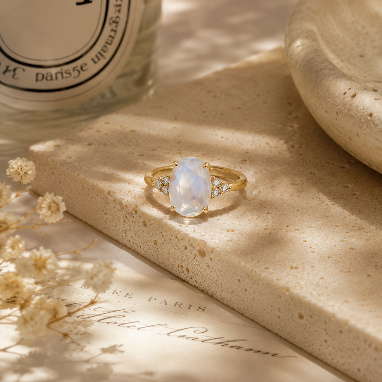 Gold moonstone engagement ring side view