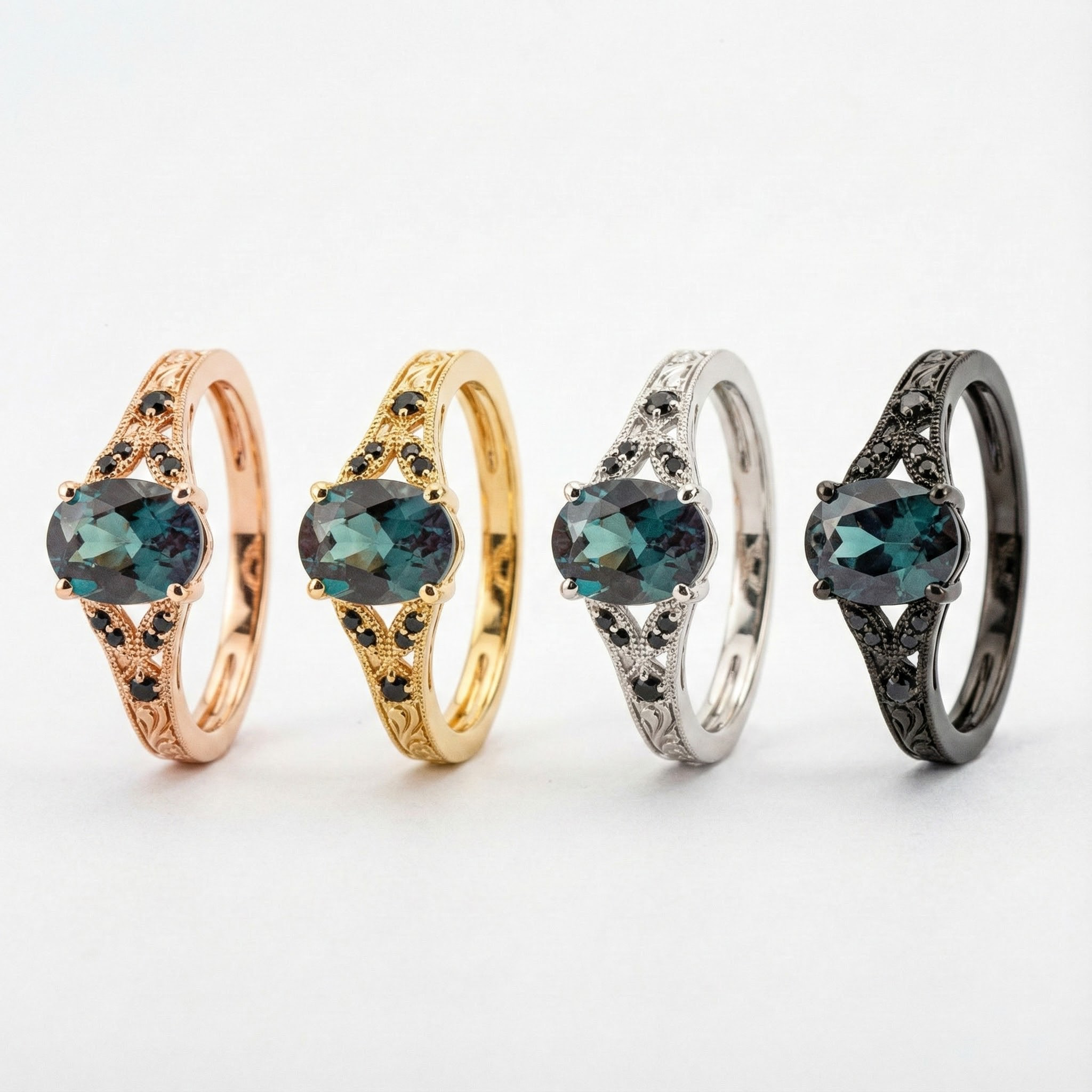 Vintage Oval Alexandrite and Black Onyx Rose Gold Pattern Ring Alexandrite Engagement Ring