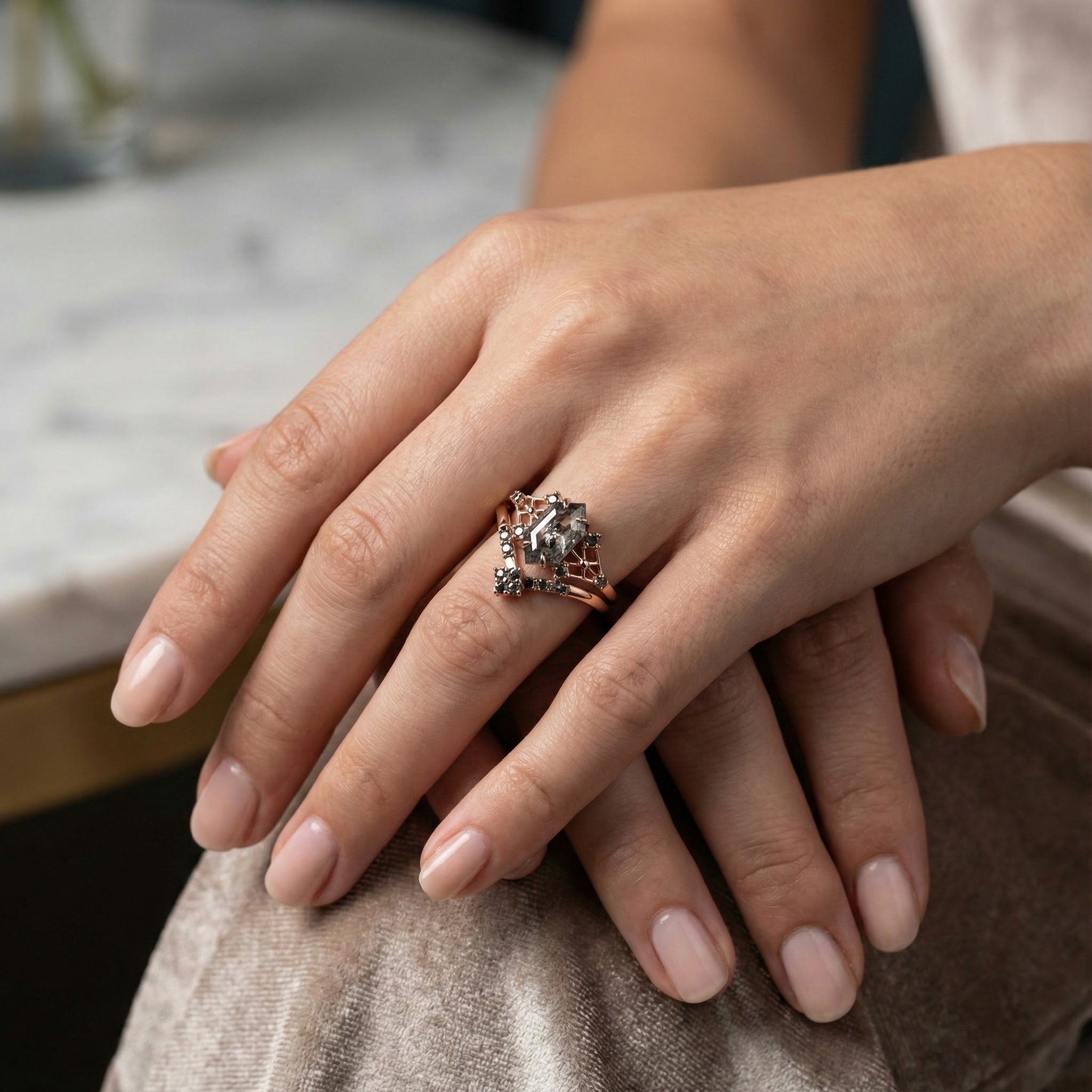 2 Carat Long Hexagonal Salt and Pepper Diamond Engagement Ring Set 