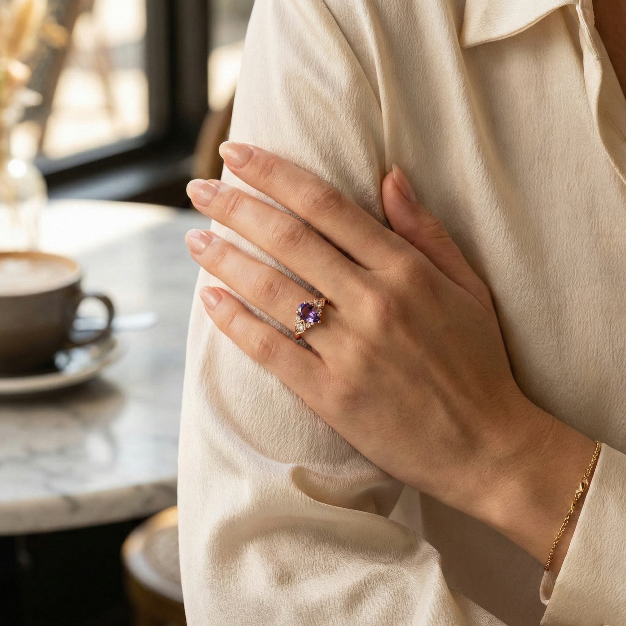 Detailed view of Pear Amethyst Engagement Ring in Gold