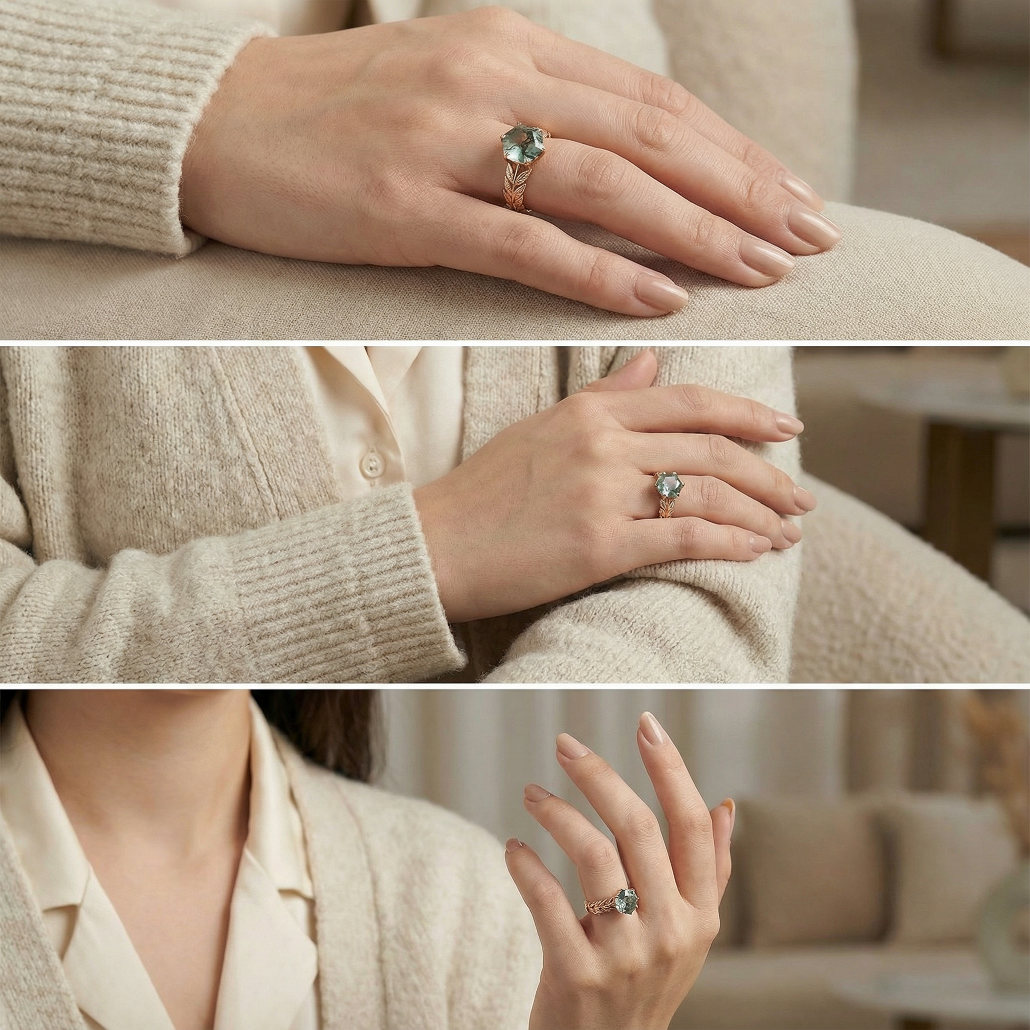 Botanical Elegance - Hexagonal Moss Agate Leaf Texture Ring Rose Gold Engagement Ring