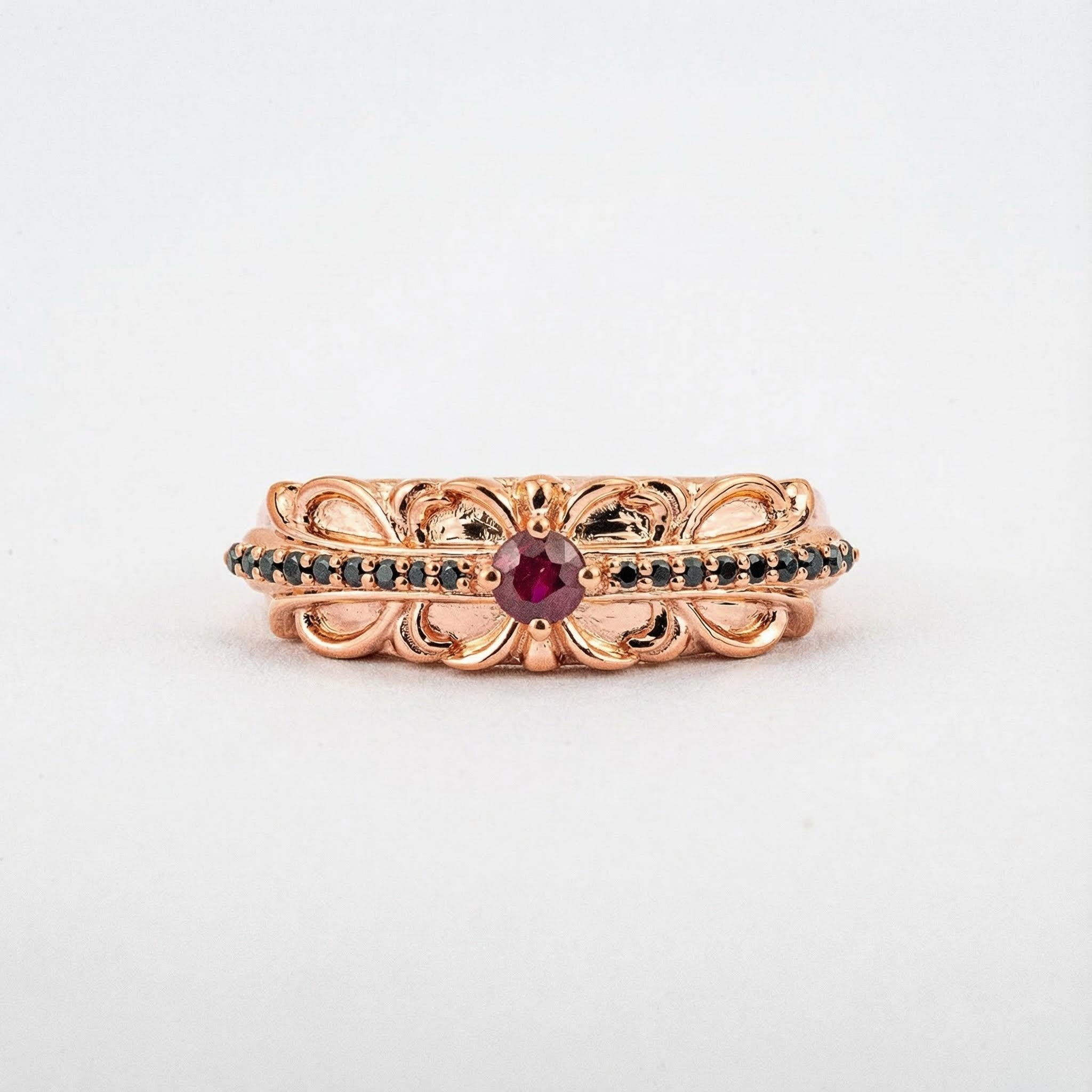 ELEVA - Vintage Round Garnet Rose Gold Engagement Band Handmade Gold Ring Rose Gold