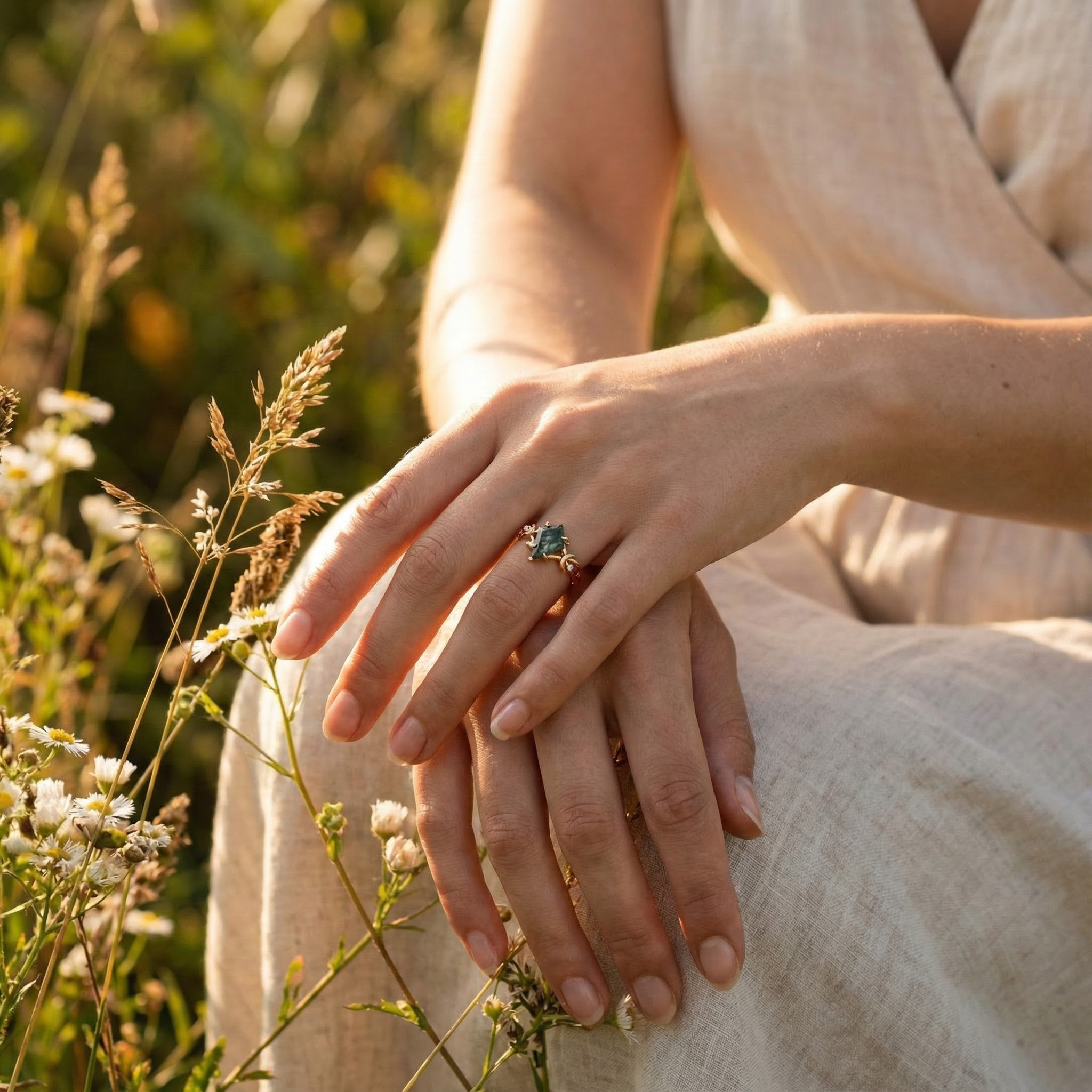 Kite Moss Agate Leaf Engagement Ring Rose Gold Handmade Jewelry Floral Engagement Ring