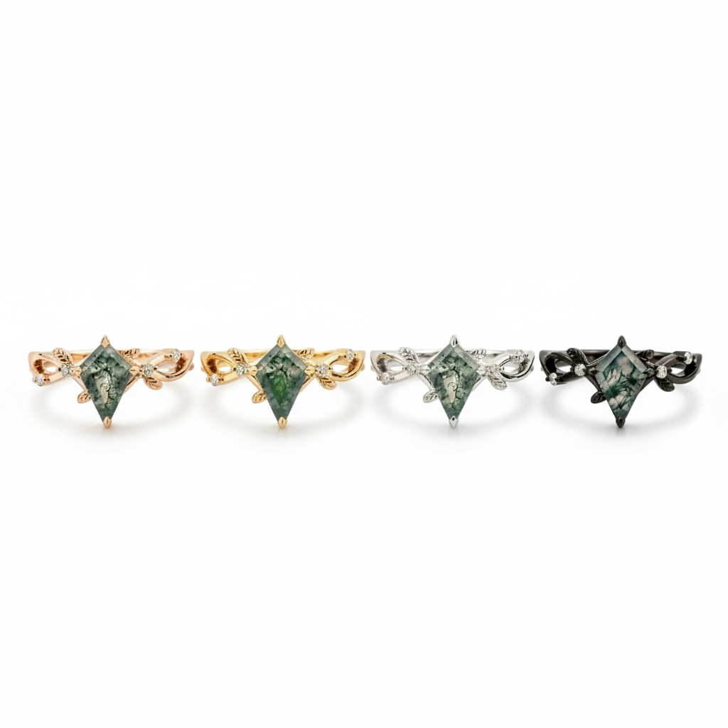 Lifestyle view of Kite Cut Moss Agate Ring in Rose Gold