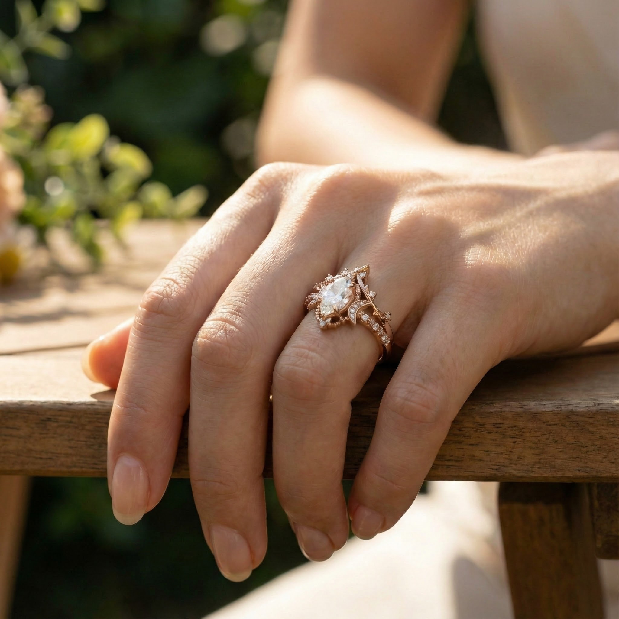 Pear Shape Moissanite Ring Set Nature Inspired Design Leaf Ring