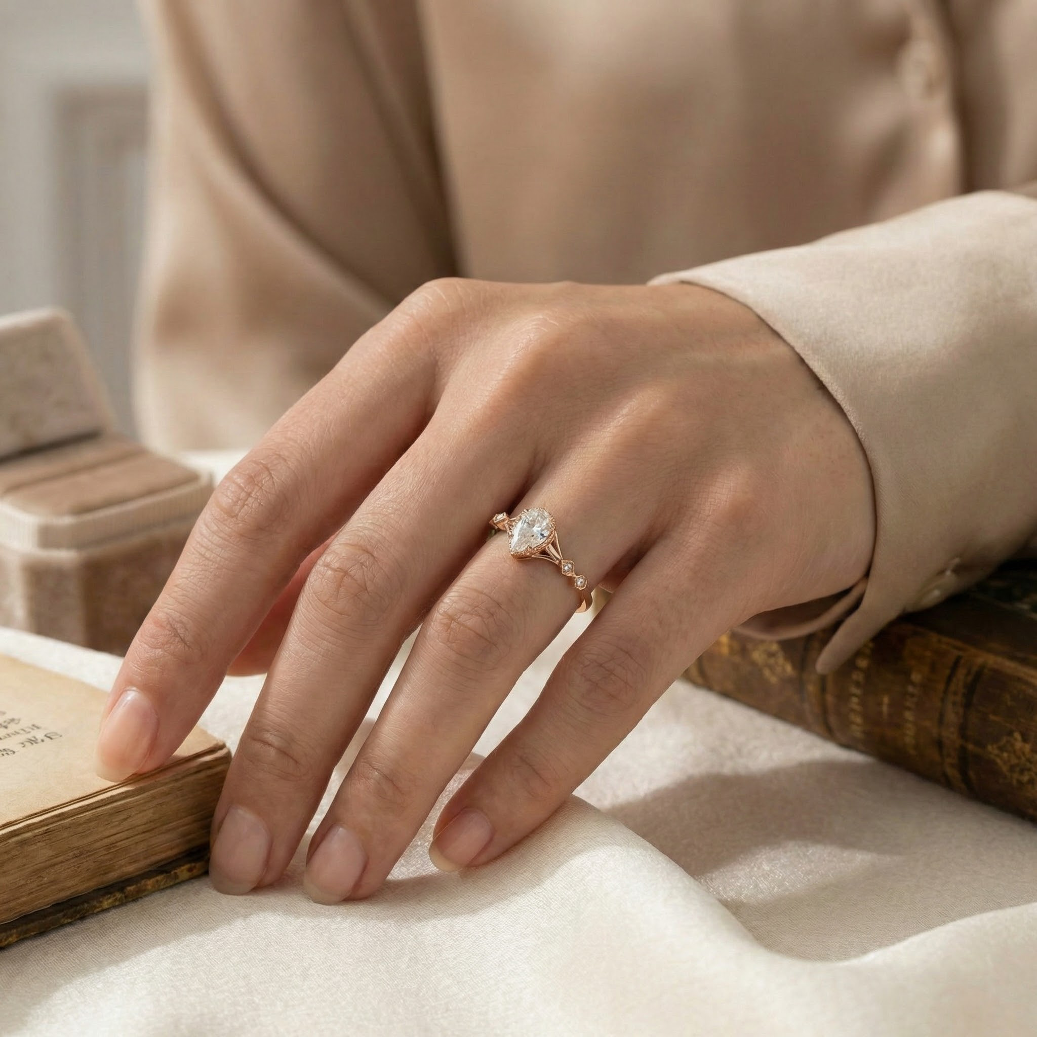 Detailed view of Pear Moissanite Engagement Ring in Gold