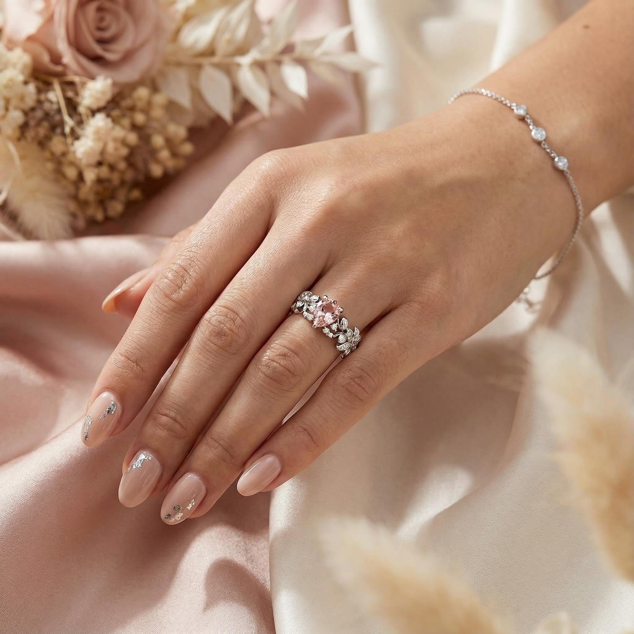 LUMINA - Pear-Shaped Padparadscha Leaf White Gold Ring with Nature-Inspired Design