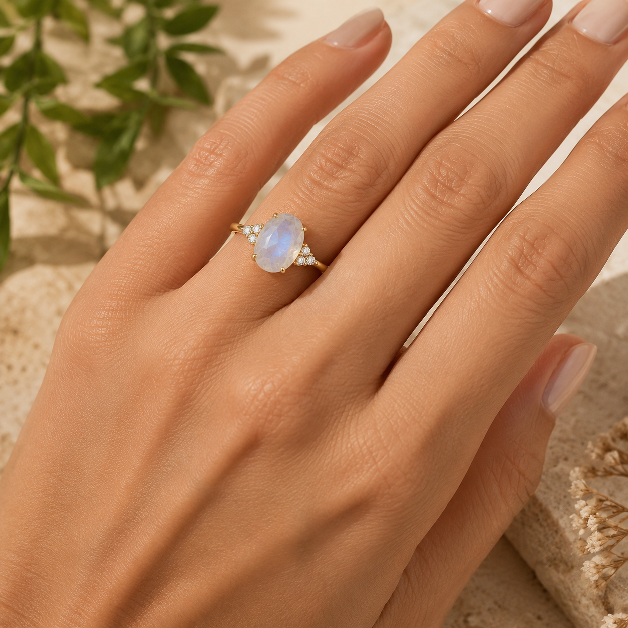 Moonstone ring worn by female model