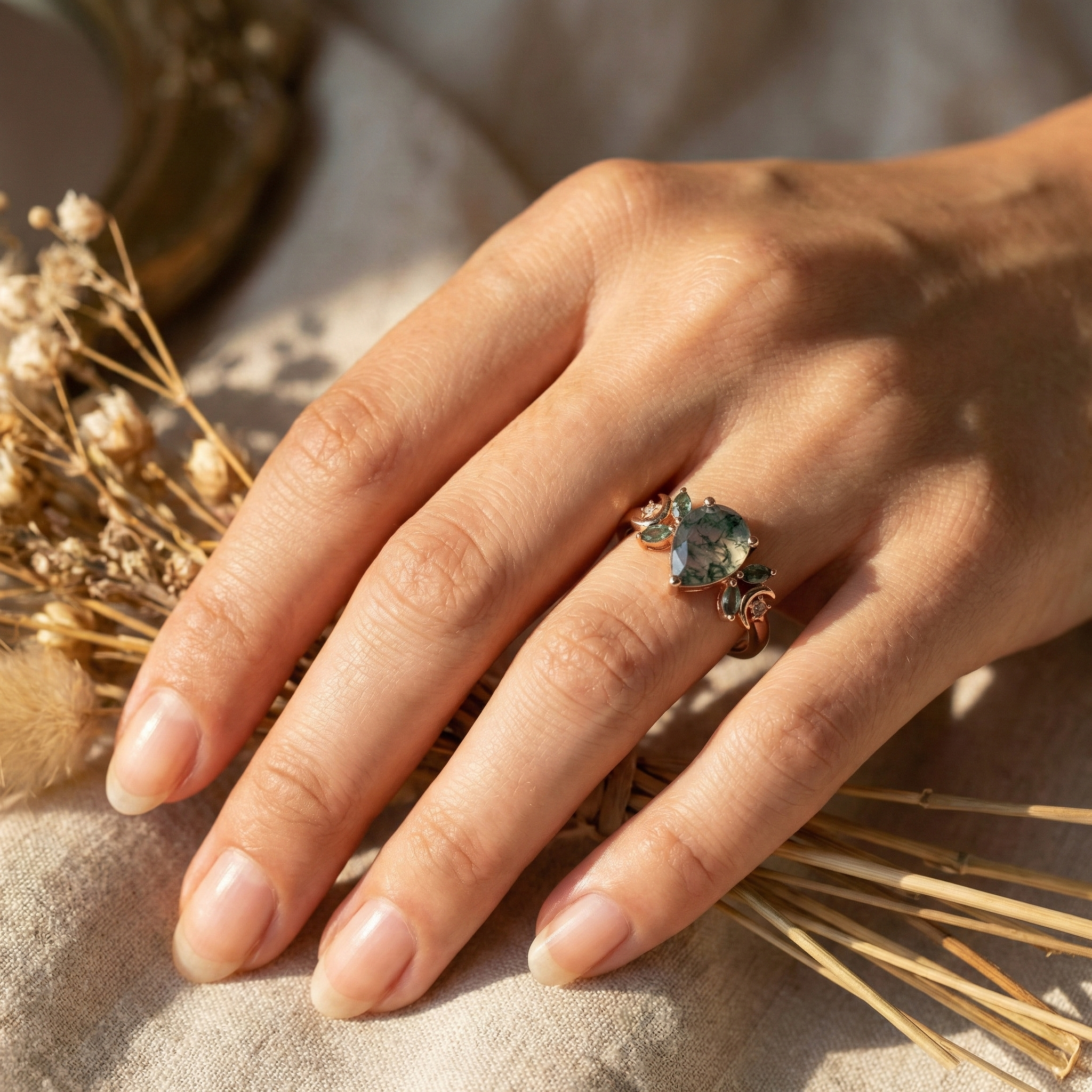 Nature Inspired Design Pear Shape Moss Agate Ring.