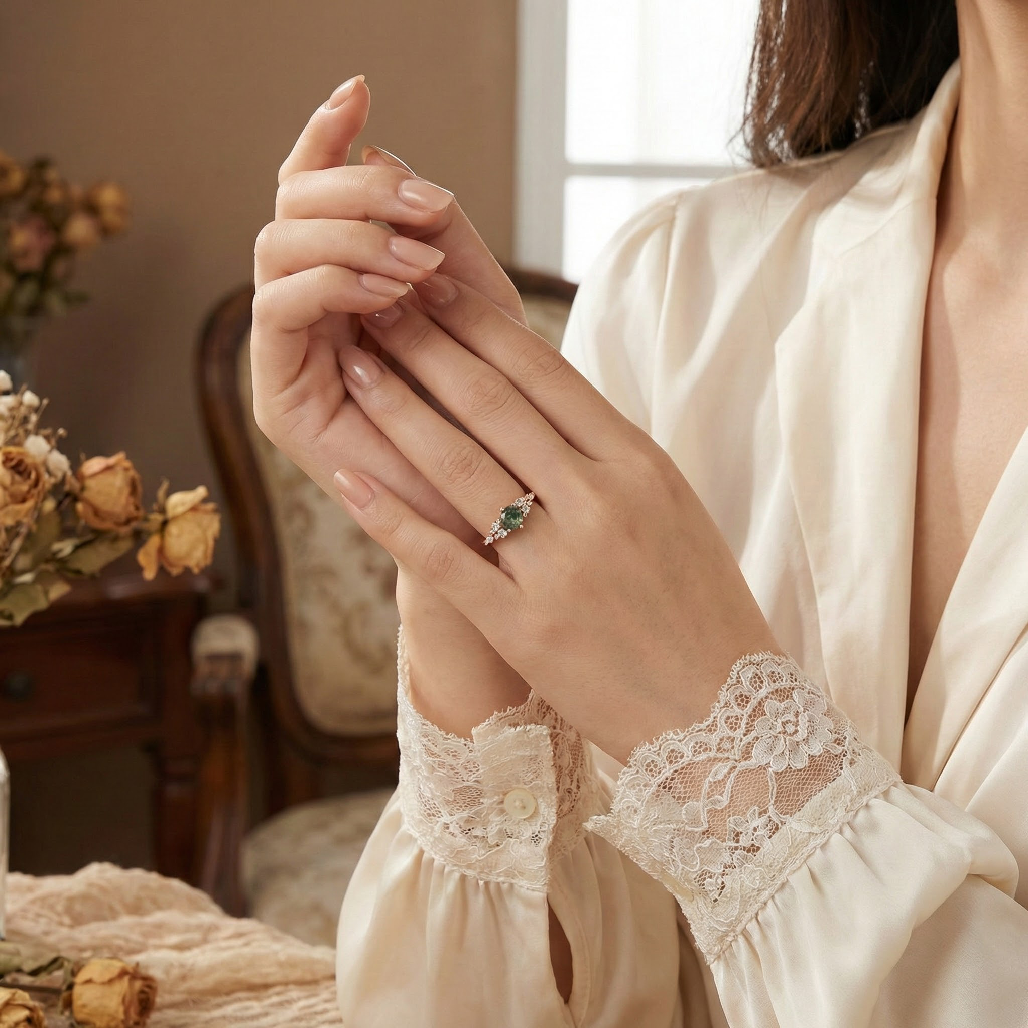 Retro Style Round Moss Agate Rose Gold Ring - Perfect choice for an elegant vintage-inspired engagement piece