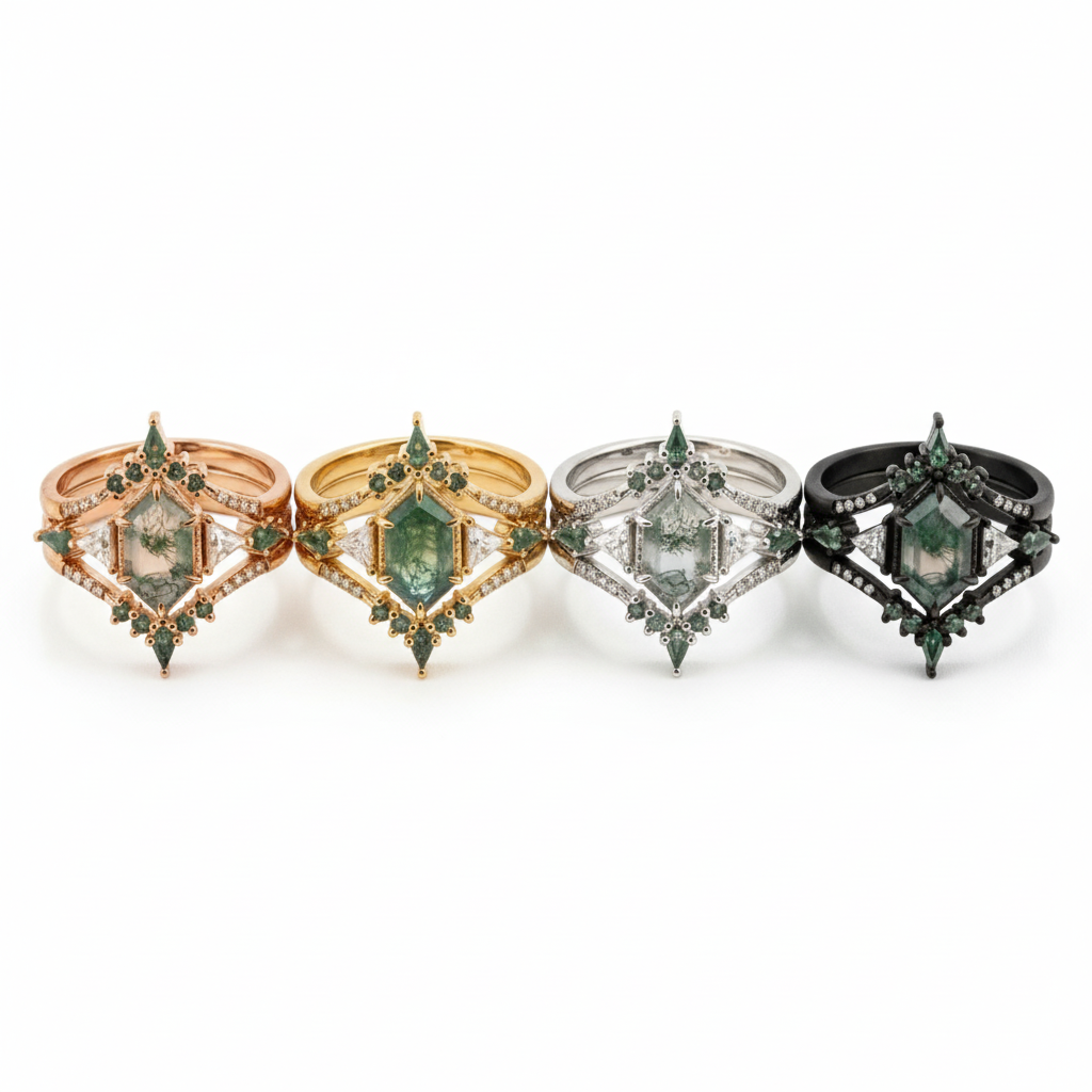 Lifestyle view of Hexagon Moss Agate Ring Set in Gold