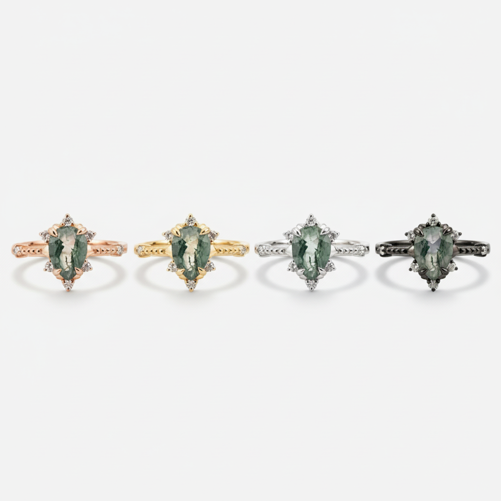 Lifestyle view of Pear Moss Agate Engagement Ring in Gold