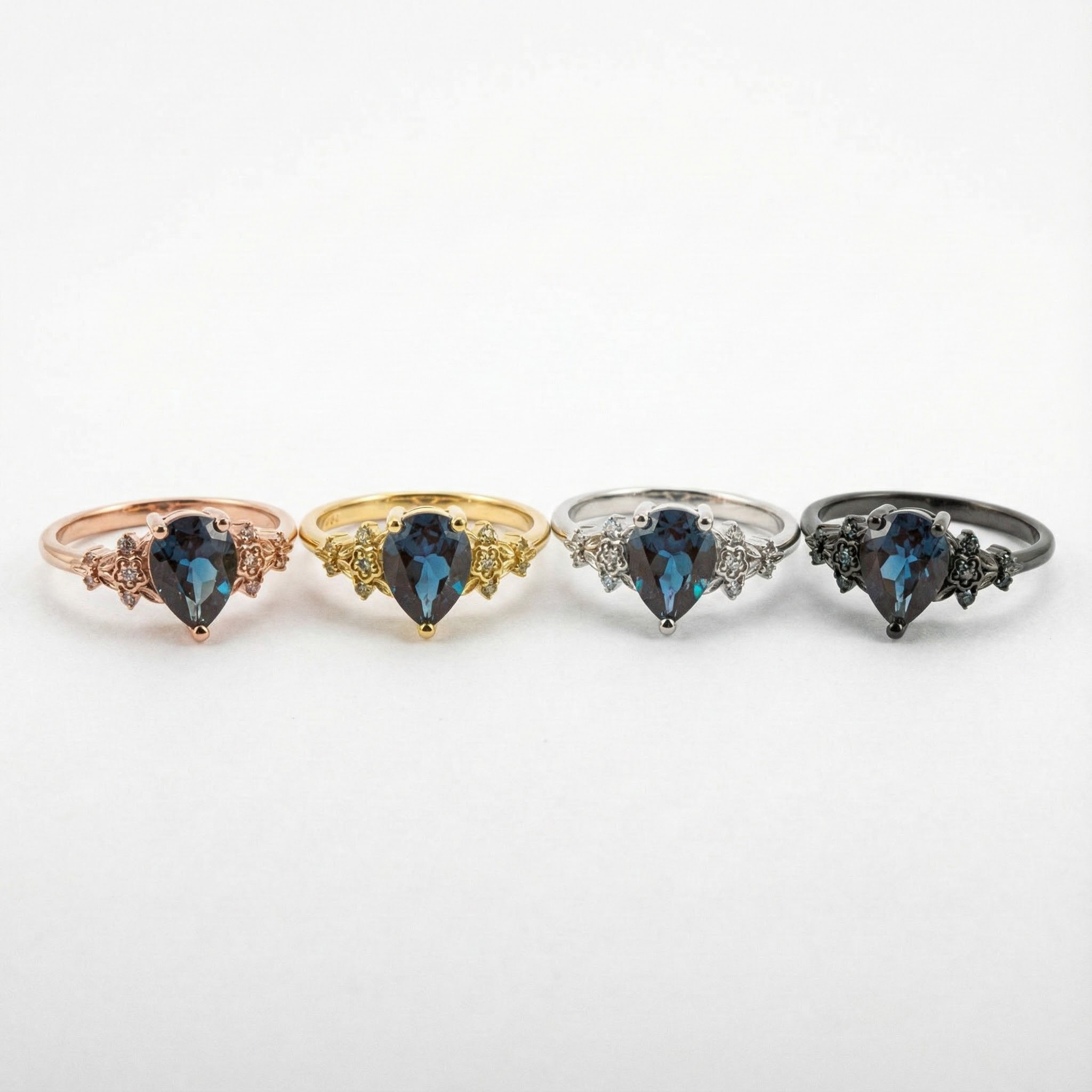 Botanical Elegance -Pear Cut Lab Alexandrite Black Gold Engagement Ring Set Floral Ring