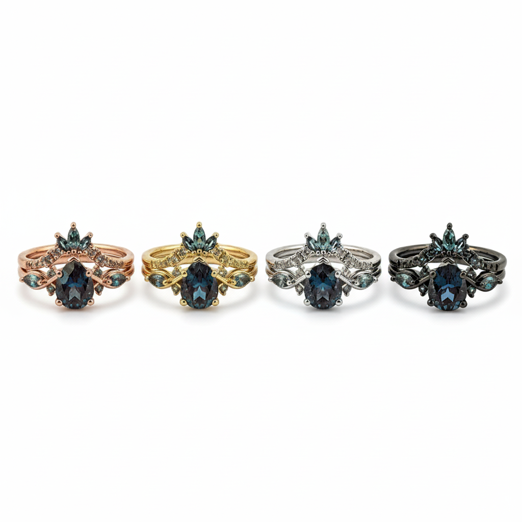 Lifestyle view of Pear Alexandrite Ring Set in Black Gold