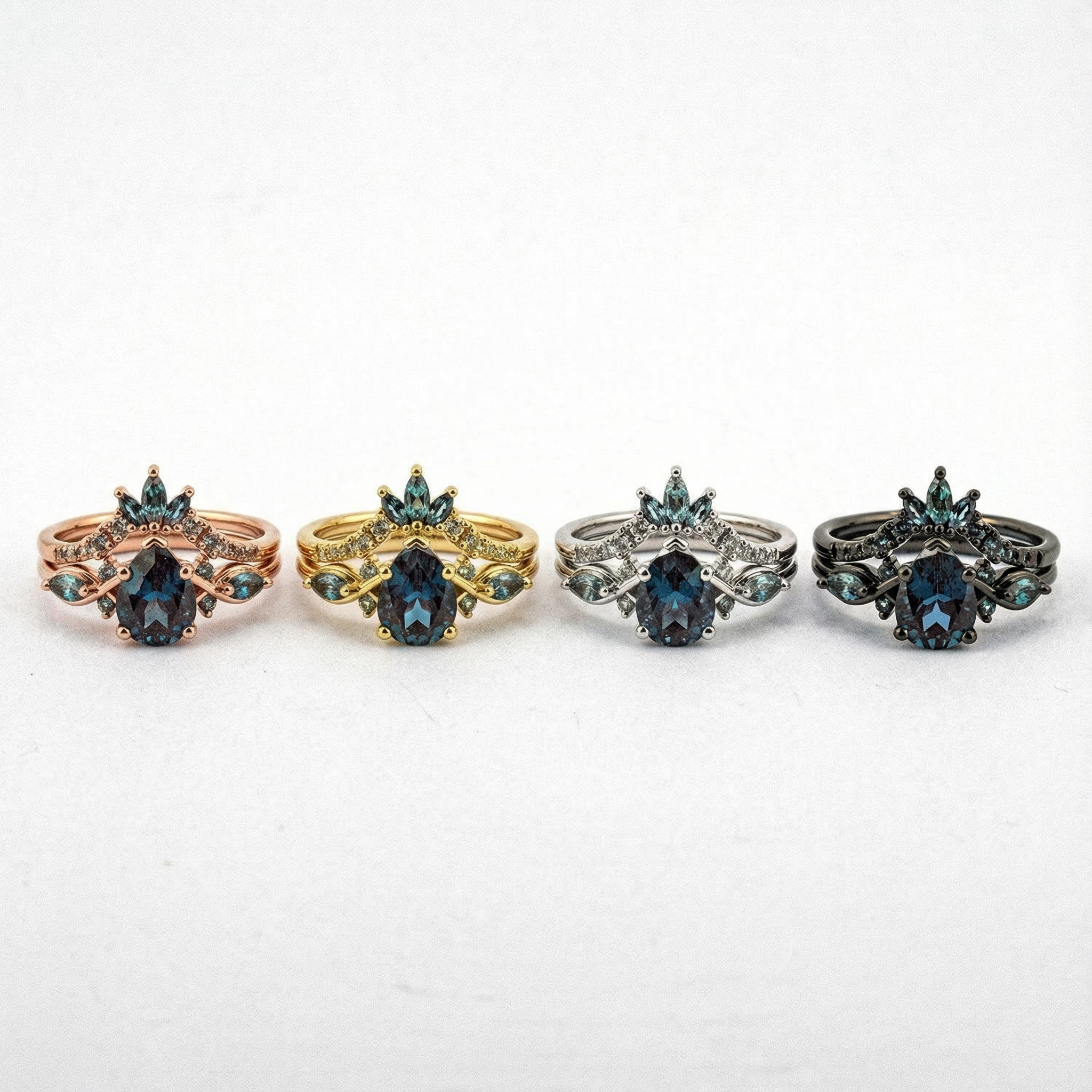 Pear Cut Lab Alexandrite Black Gold Unique Ring Set Black Gold Engagement Ring