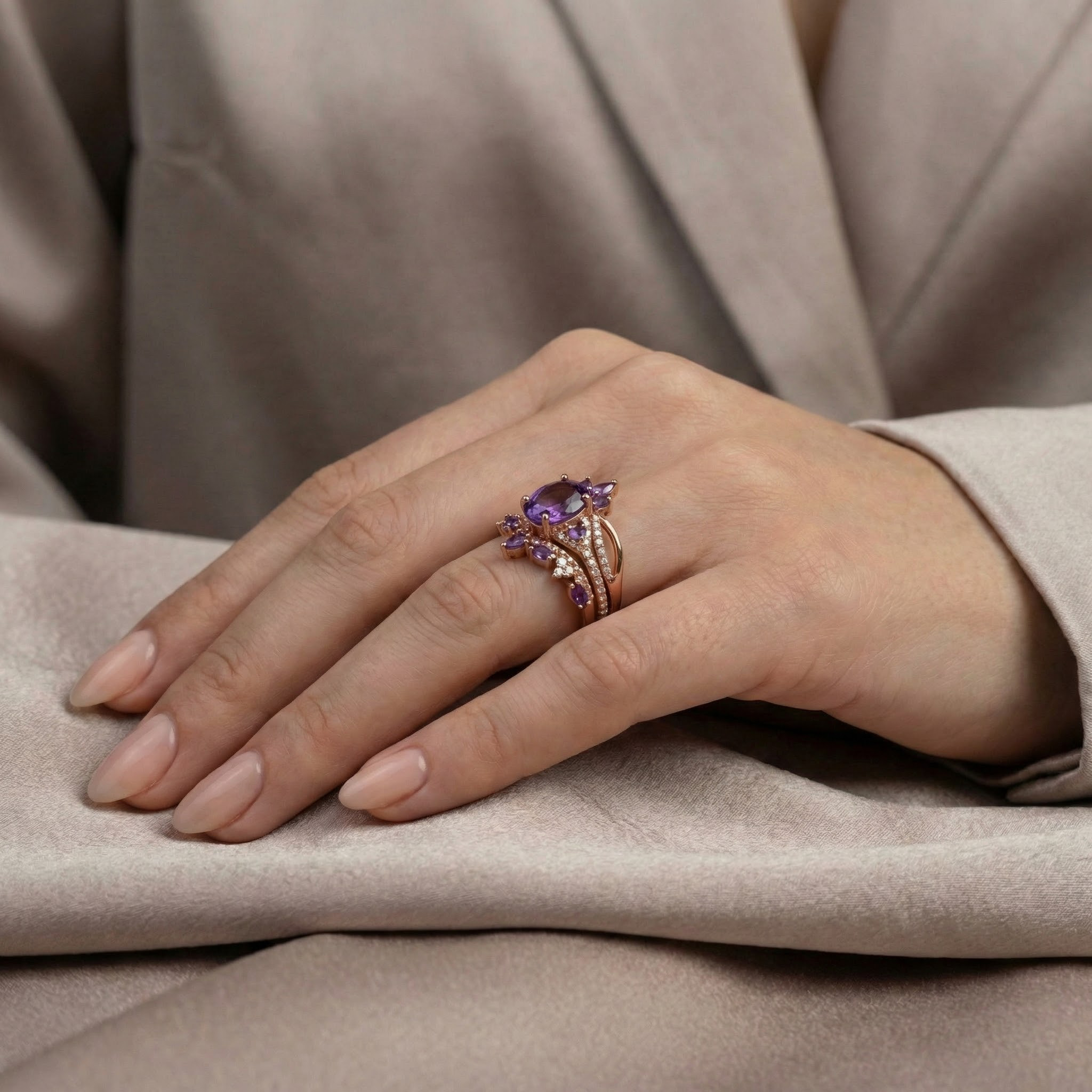 Luxurious Pear Shaped Amethyst With Moissanite Ring Set