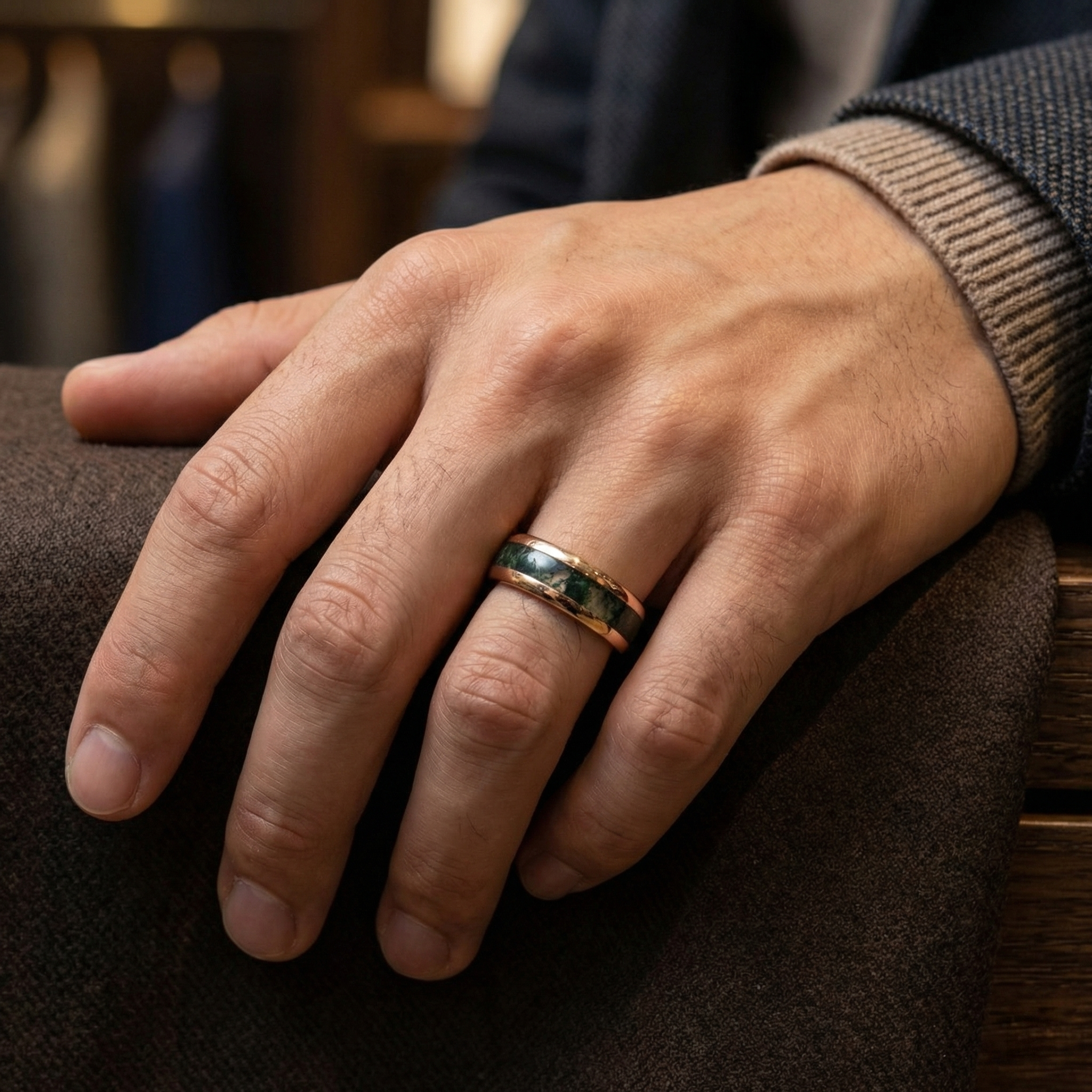 Detailed view of Moss Agate Men's Ring in Gold