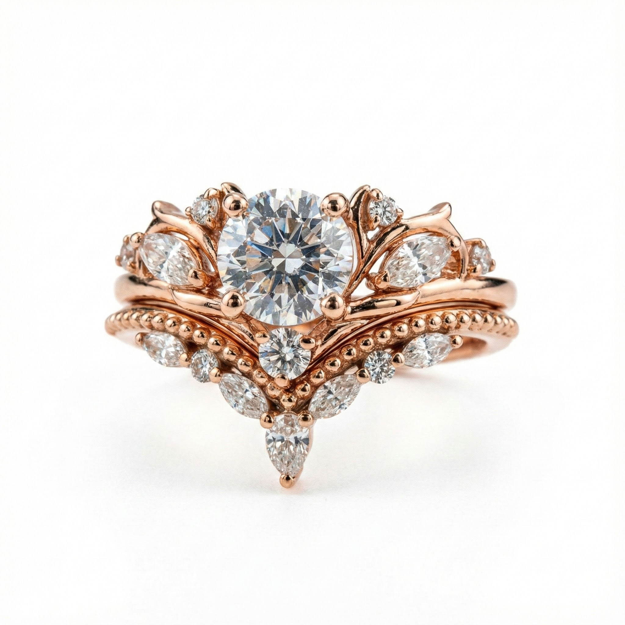 Unique Round Moissanite/Diamond Ring Set, Simple Linear Design